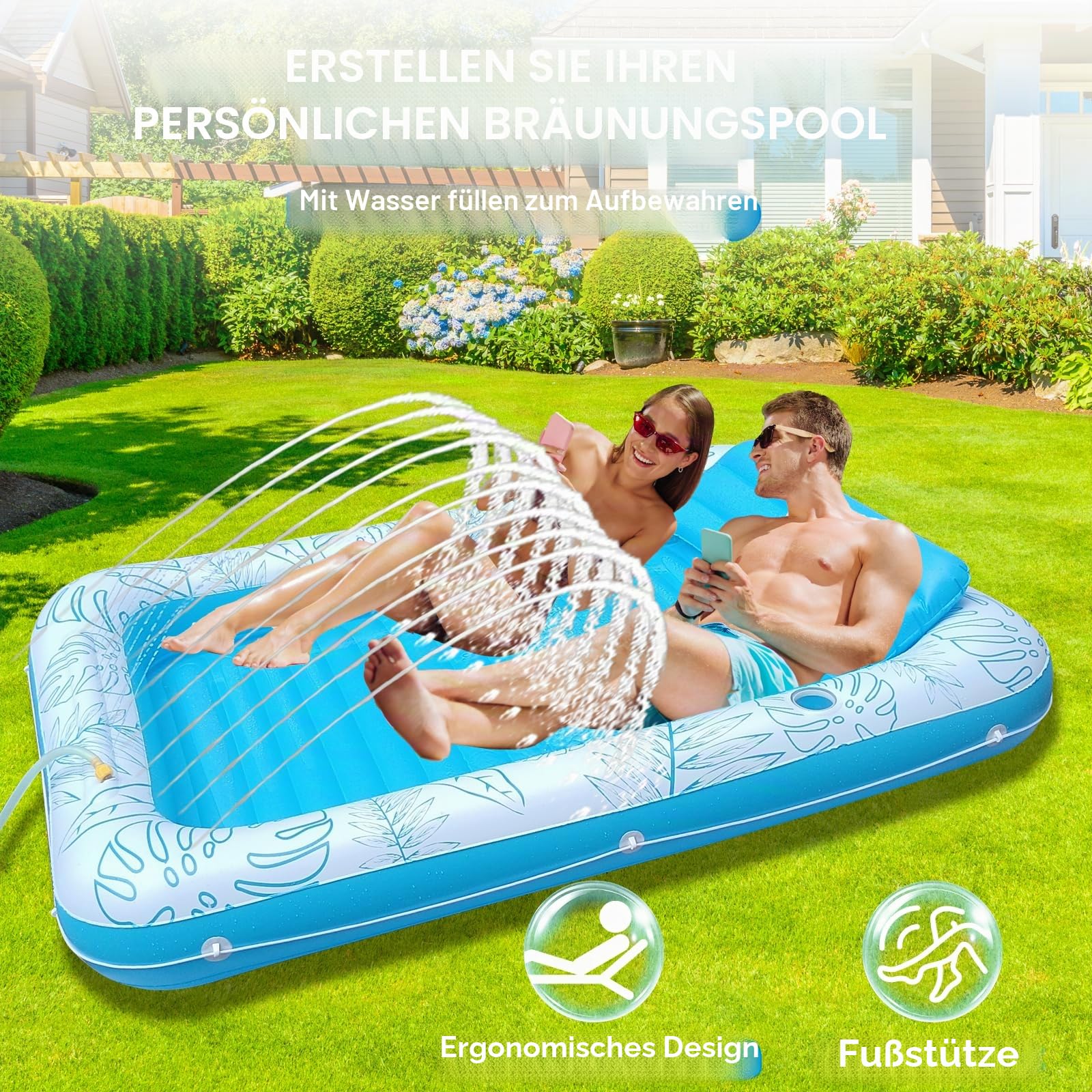 210.8 cm x 160.0 cm Extra Large Inflatable Tanning Pool Float Lounger with Sprinkler & Cup Holder, Adult Pool Floß for Backyard, Beach or Lake, Pink/Blue - Durable PVC, Supports 200 kg
