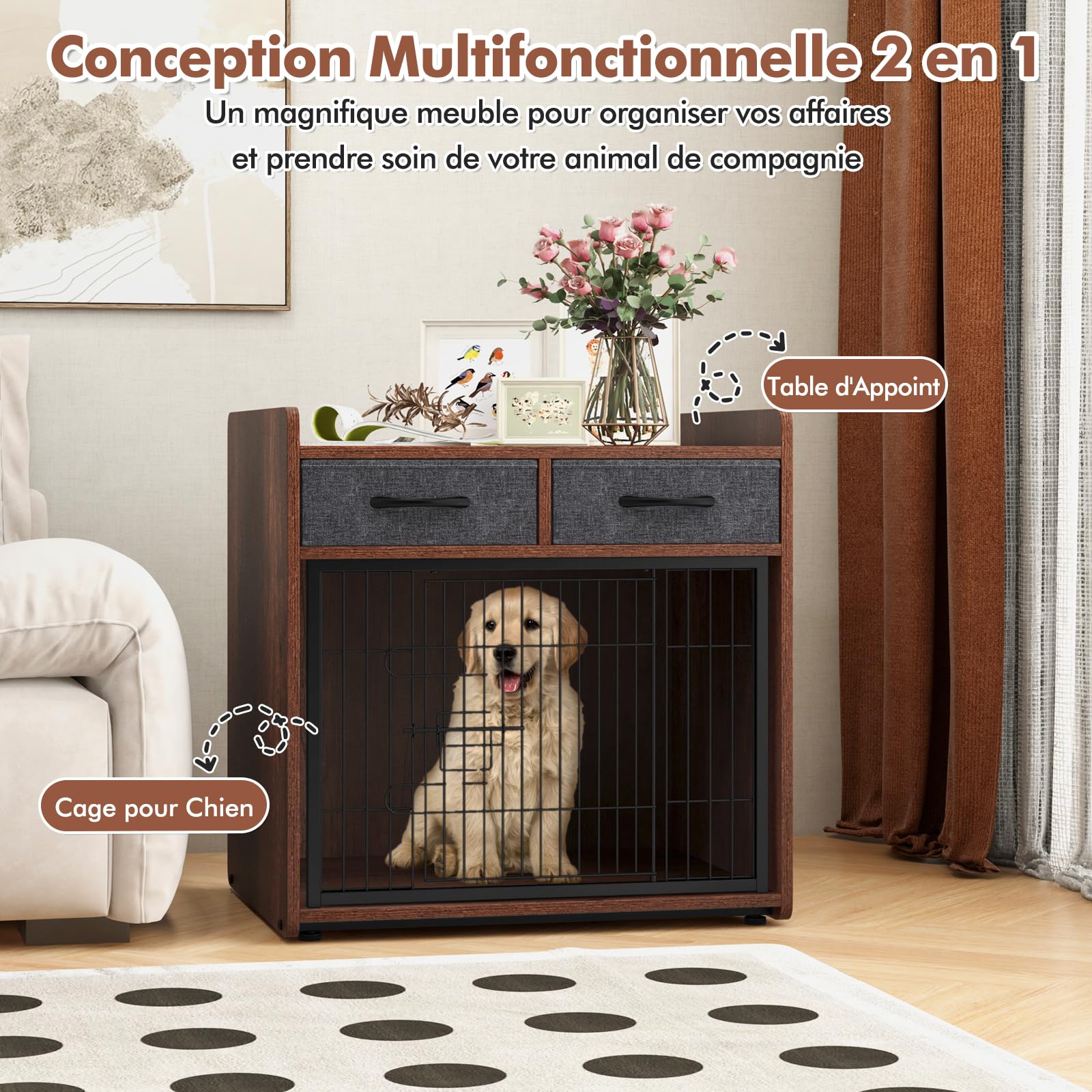 GYMAX Cage Chien Intérieur avec Rangement, Niche pour Animaux, avec 2 Tiroirs Amovibles, Porte Verrouillable, Repose-Pieds Réglables, Meuble Style Industriel, pour Animaux de Petite et Moyenne Taille