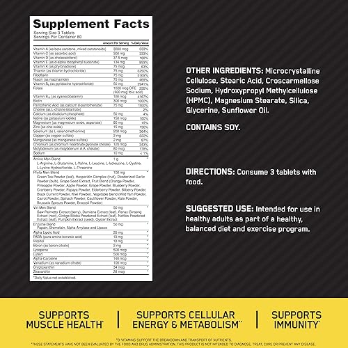 Vista 2 de Optimum Nutrition Opti-Men - Multivitamínico diario para hombres, suplemento de apoyo inmunológico con aminoácidos, suministro para 80 días, 240