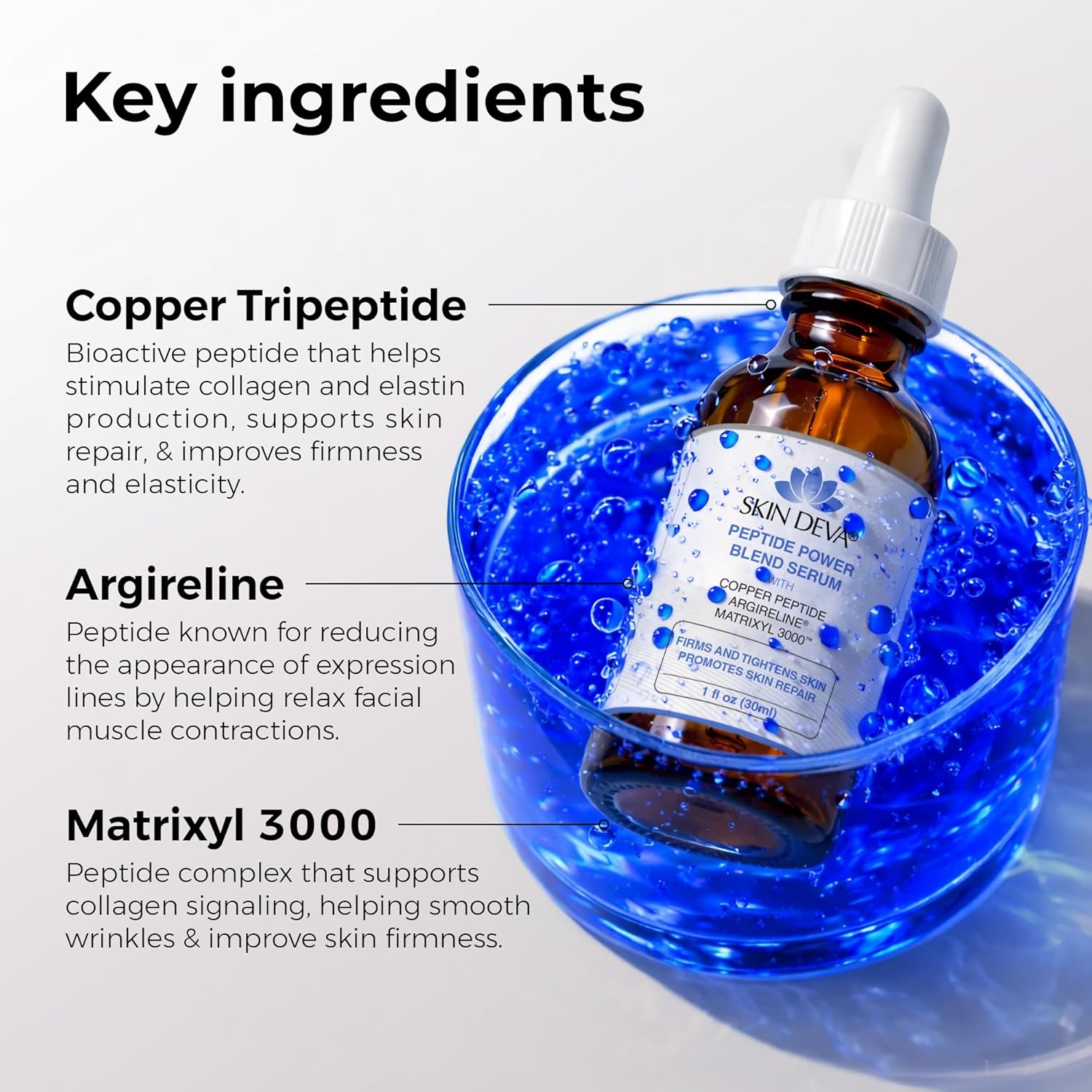 Skin Deva Copper Peptide Serum, Copper Peptides + Hyaluronic Acid Serum + Argireline and Matrixyl 3000 Lightweight Hydrating, Supports Smooth & Firm-Looking Skin, Supports Firm Youthful-Looking- 1oz