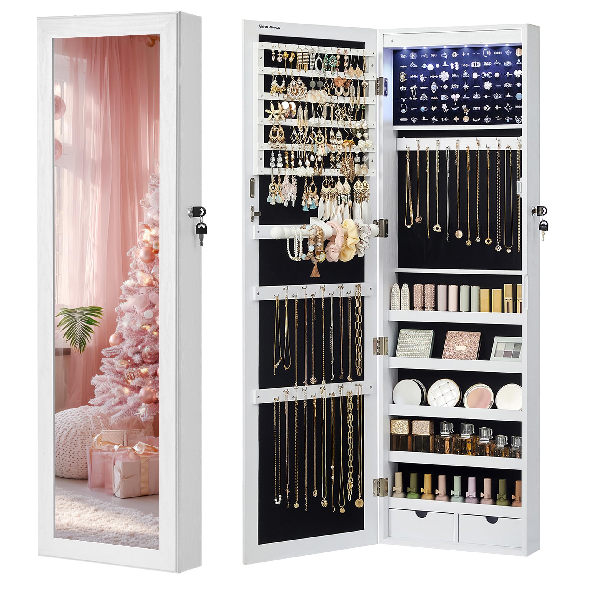 (ソングミクス) SONGMICS鍵付きジュエリーキャビネット 壁やドアに取り付け ジュエリー収納オーガナイザー ミラー LEDライト ホワイト 47 1/4" x 14 1/2" x 3 5/8" ホワイト Jewelry Cabinet with Mirror