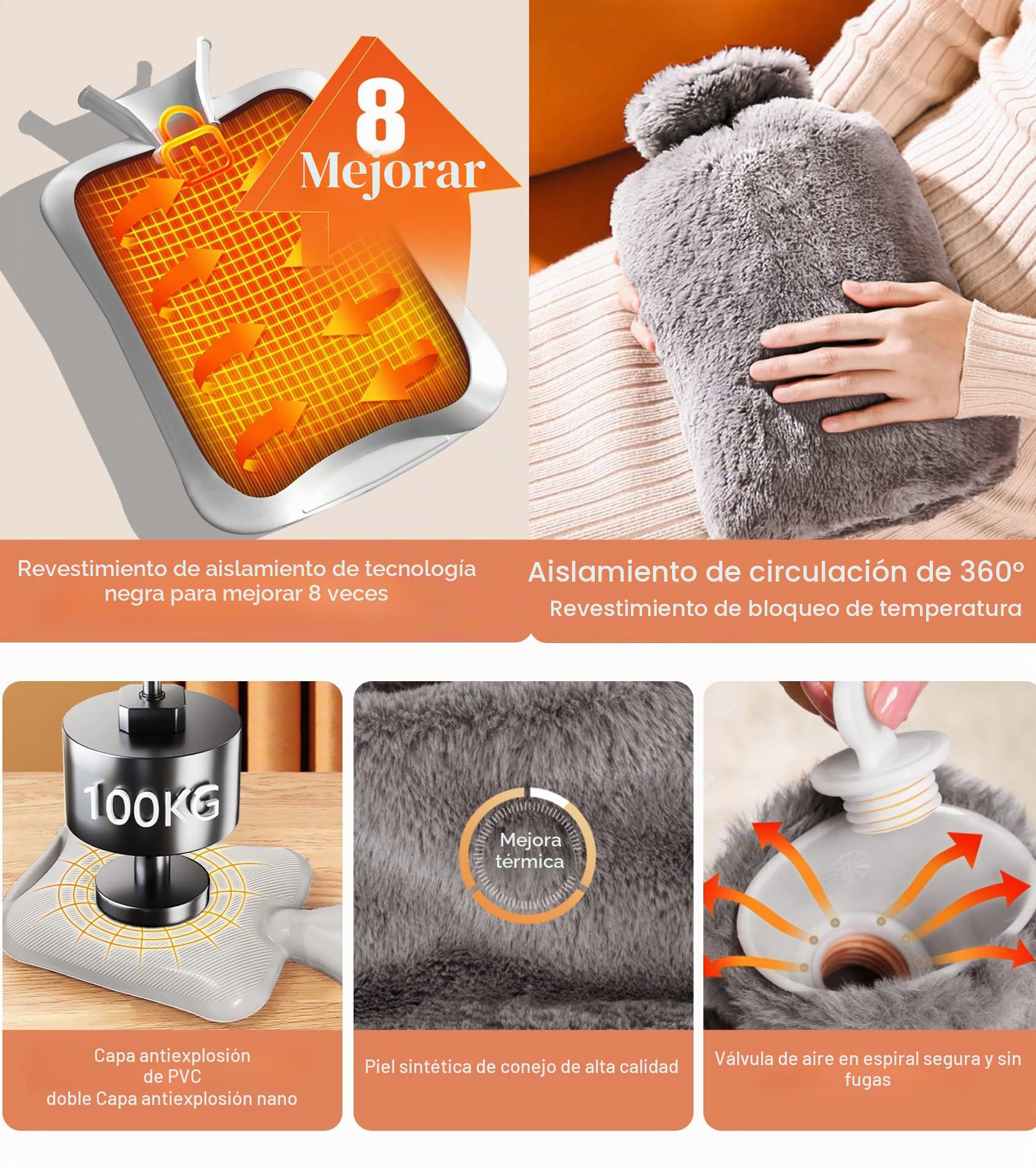 Bolsa de Agua Caliente 2L - con Funda de Cintura para la Cama, Bolsa de Agua Caliente para Cuello, Hombro, Espalda (Marrón)