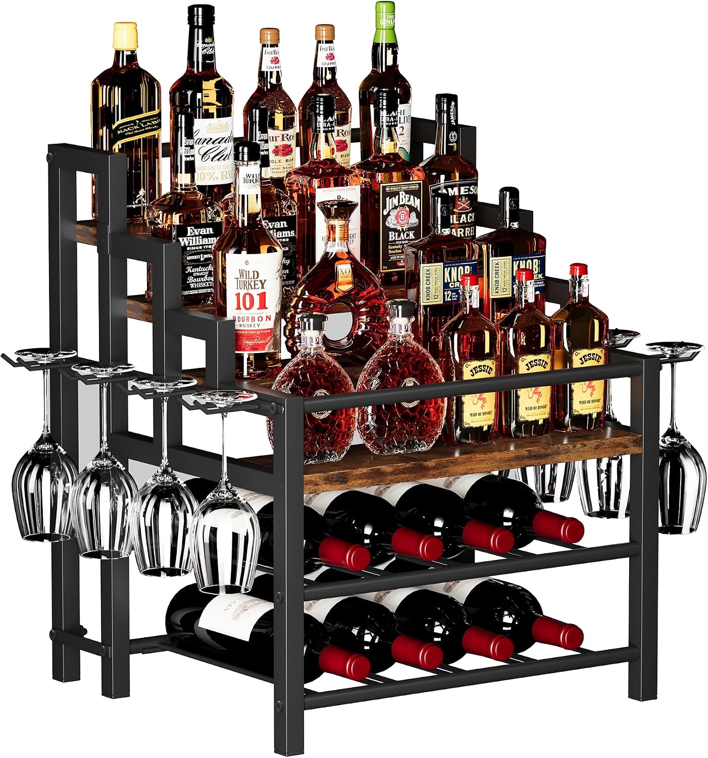 6-Tier Liquor Bottle Display Shelf, Holds up to 24 Bottles, Countertop Wine Racks with 8 Wine Glass Holders, Mini Wine Bar Cabinet for Home, All in One Coffee Syrup Whiskey Organizer