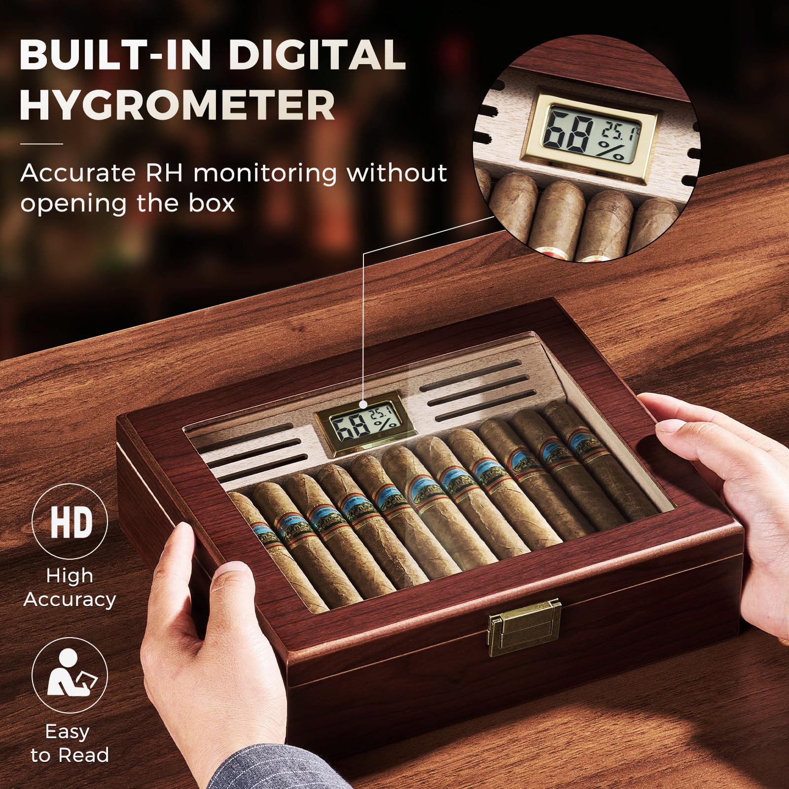 ProCase Cave à Cigares avec Hygromètre Numérique et Humidificateur, Boîte à Cigares avec Intérieur en Bois de Cèdre pour 20 à 25 pcs, Humidor Idéal pour Homme Amateur de Cigares Cubains -M