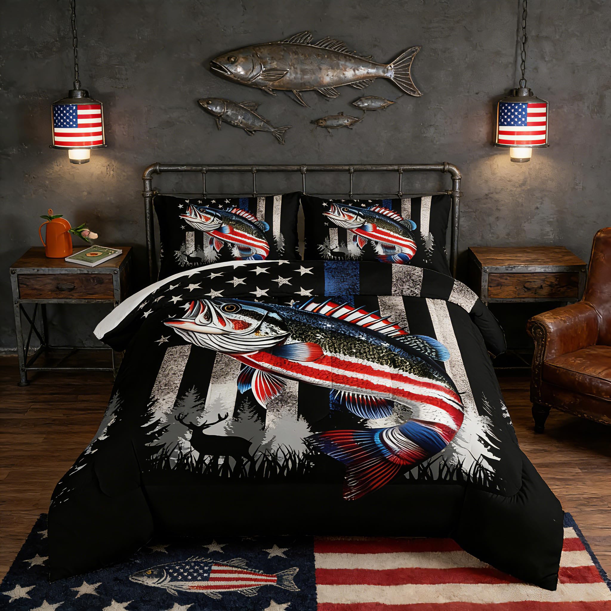 HOSIMA Soft Microfiber Black Full Size Comforter with 2 Pillowcases,American Flag Striped Bass Pattern Bedding Sets,Fishing Comforter Kids Men Boys