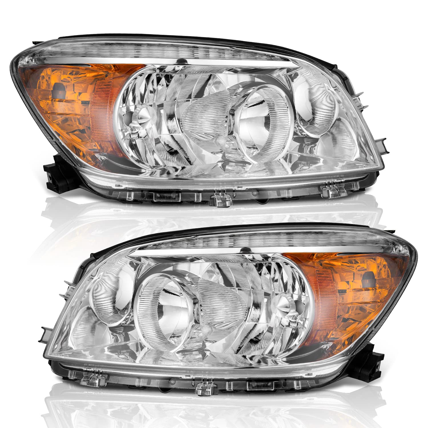Photo 1 of WEELMOTO Headlights Assembly Compatible with 2006-2008 Toyota RAV4 Headlights Assembly Replacement For 06 07 08 Toyota RAV4 Headlight Pair set Halogen Chrome Housing Amber Reflector Left & Right Side Clear Lens I Chrome Housing I Amber Reflector OE Replac