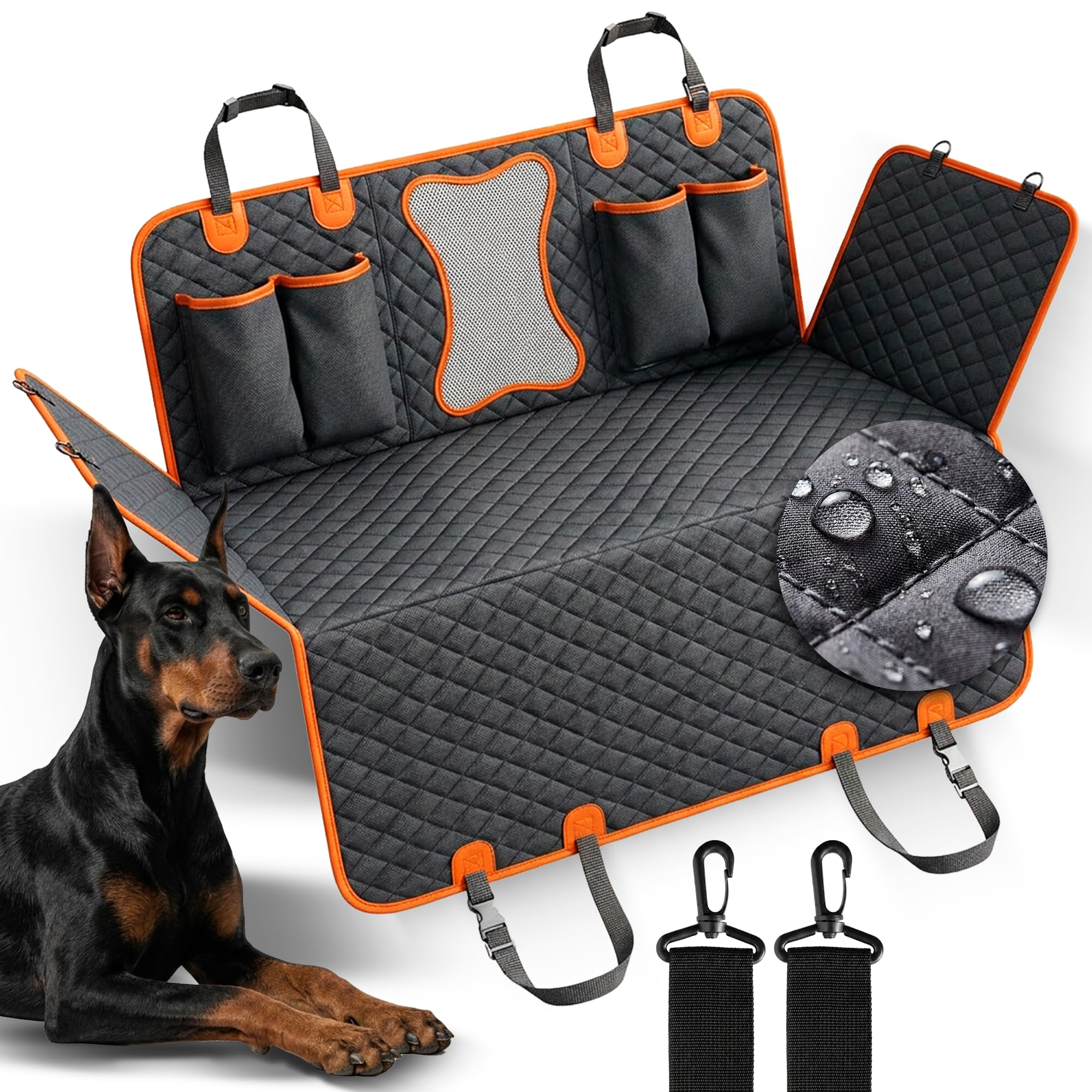 Funda Perro Coche Impermeable para Asiento Trasero, Protector Asiento Coche con Ventana de Malla, Protección Lateral, Base Antideslizante, 2 Correas gratis, Compatible con SUV y Coches (Negro/Naranja)