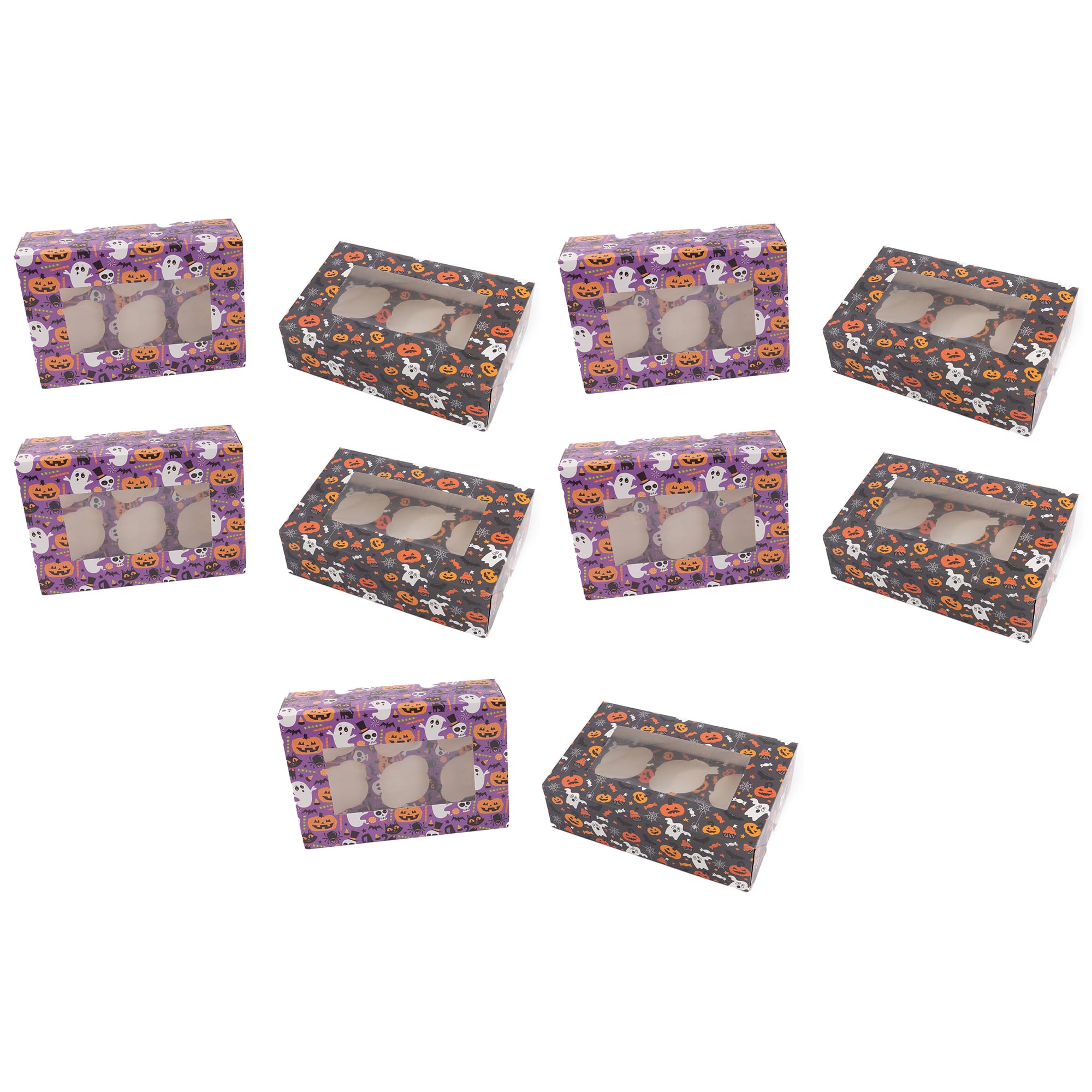 evelay Halloween Cupcake Boxes - Holds 6 Standard Cupcakes - Mixed Spooky Designs with Window & Inserts for Treats, Sweets and Chocolates (Pack of 10)
