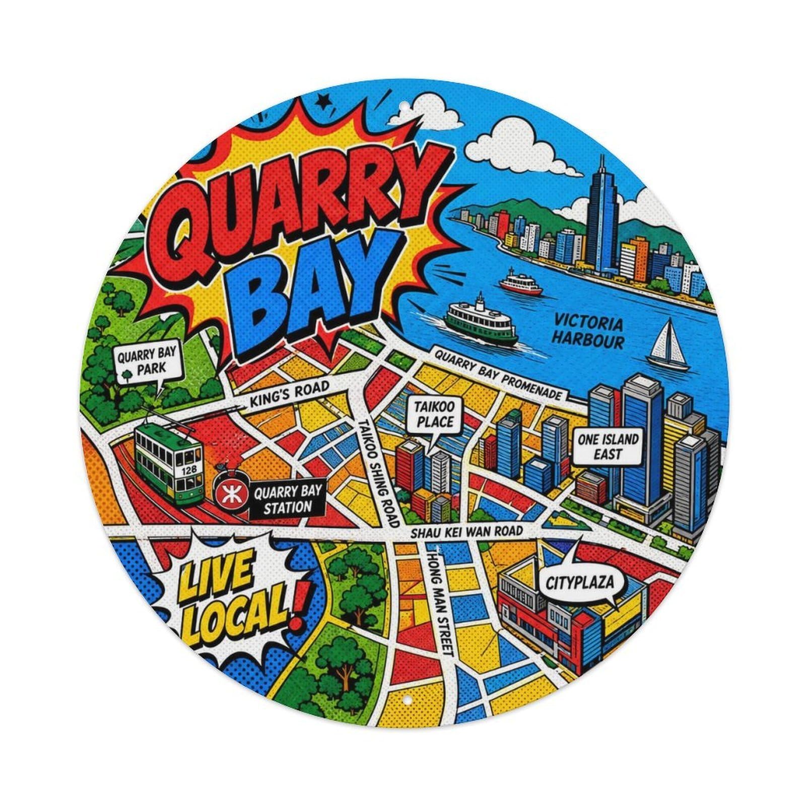 Odgynaw 8X8inch(20X20cm) Quarry Bay Hong Kong Pop Comic Harbour District Map Metal Tin Sign