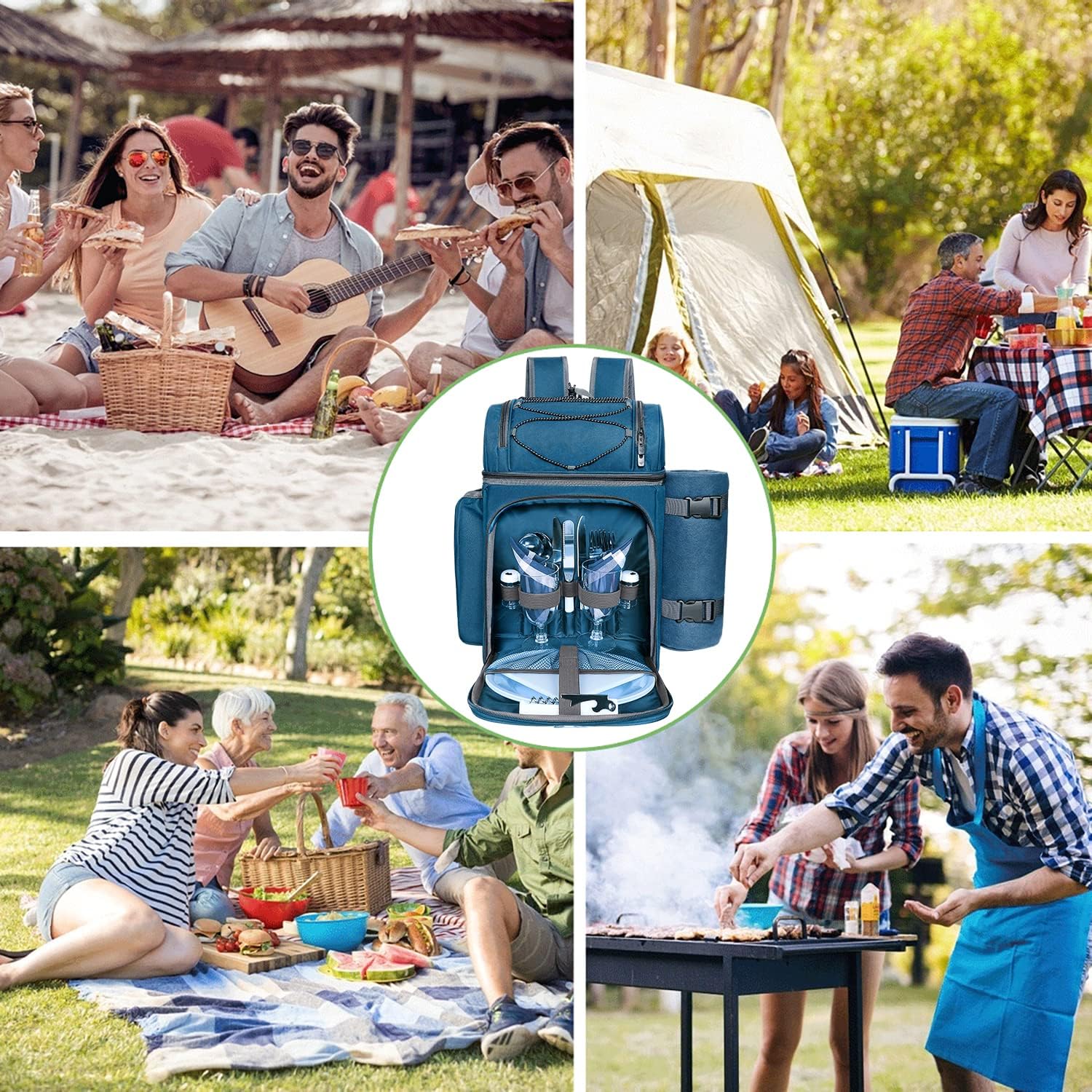Hap Tim Picknick-Rucksack-Kühler für 2 Personen mit isolierter auslaufsicherer Kühltasche, Weinhalter, Fleece-Decke, Besteck-Set, perfekt für Strand, Tagesreisen, Wandern, Camping,(EU-36083-BL2)…