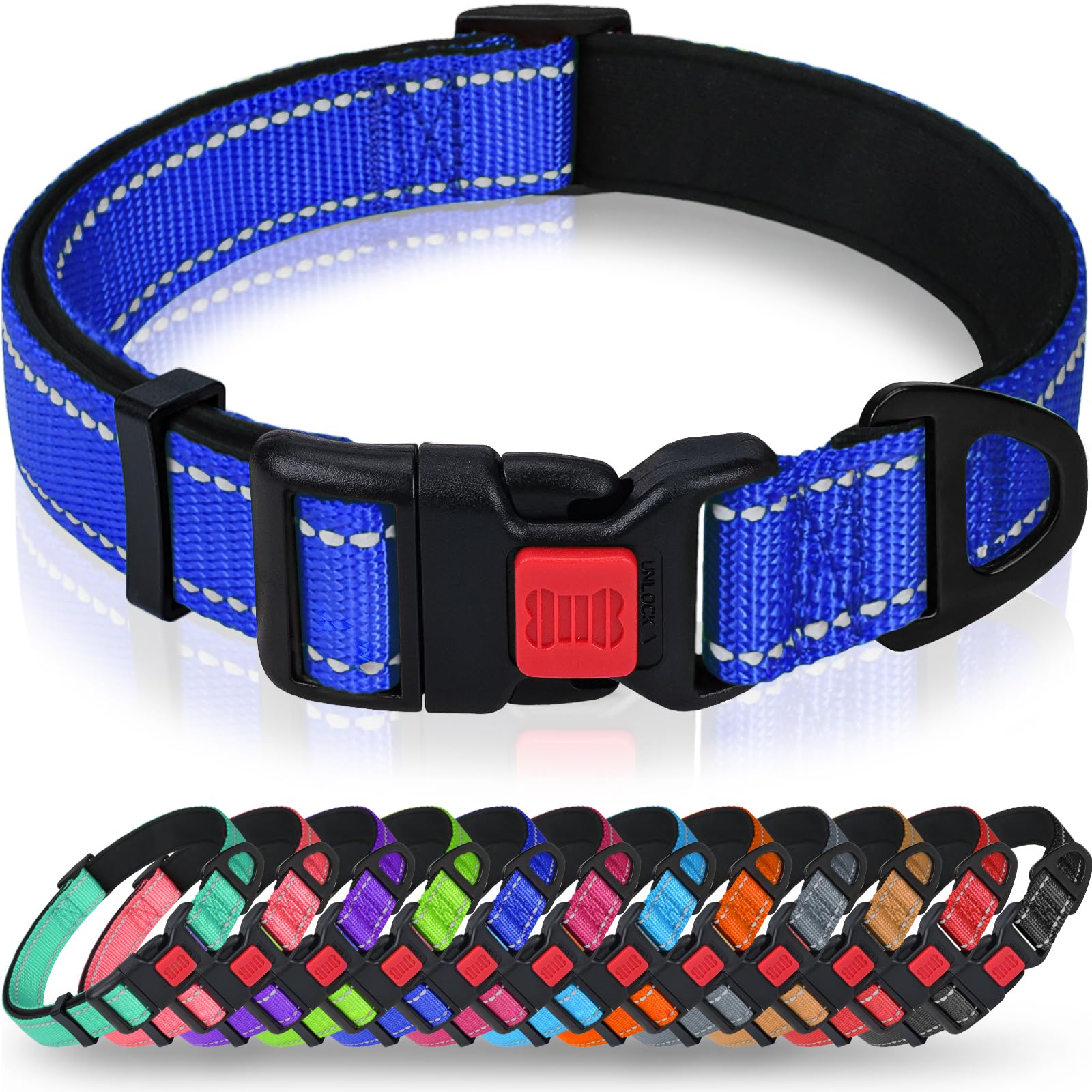 Taglory Reflective Dog Collar with Safety Locking Buckle, Adjustable Nylon Pet Collars for Medium Dogs Female Male, Navy Blue, M