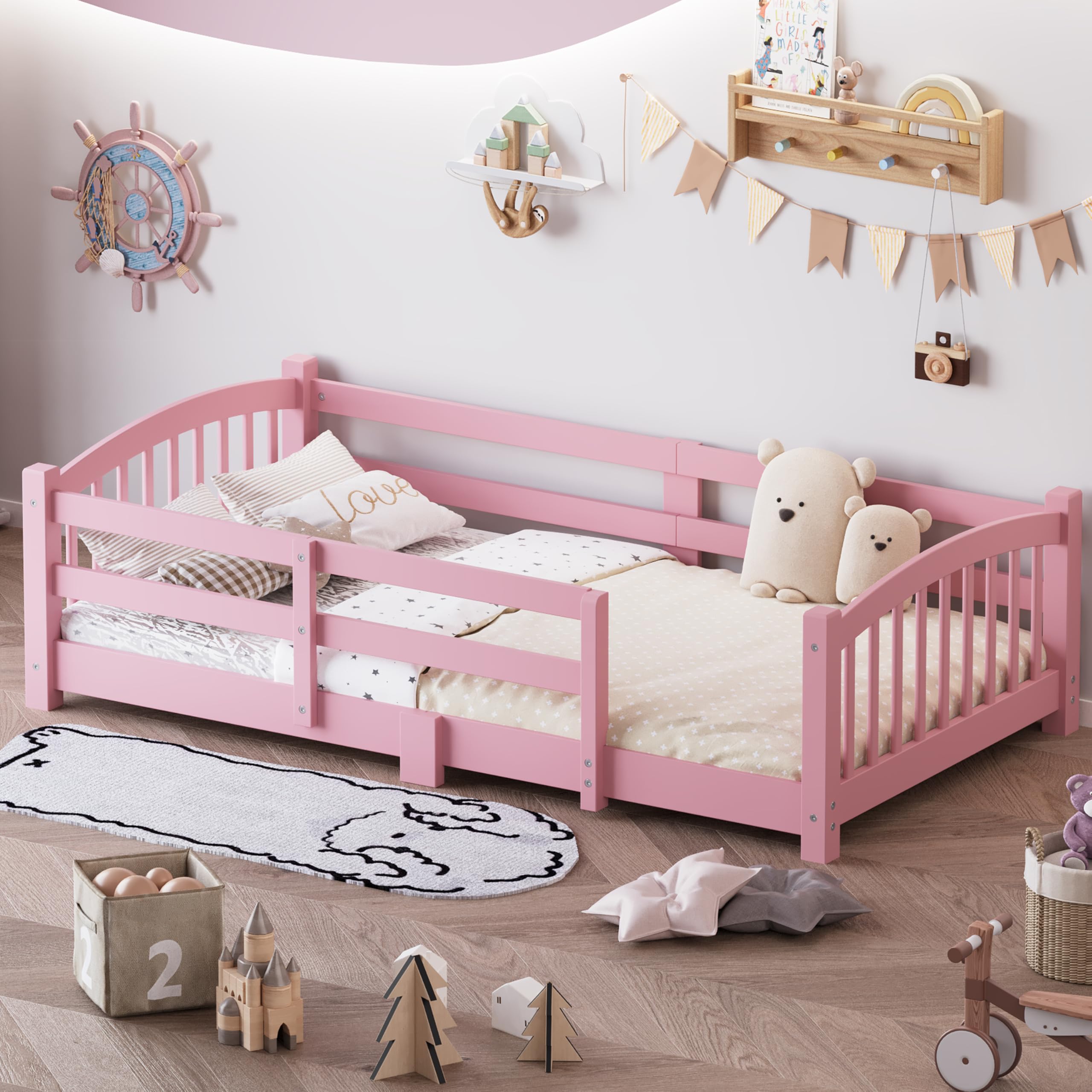 Bellemave Twin Size Kids Montessori Floor Bed,Twin Size Floor Bed Frame with Slats and Safety Guardrail,Solid Wood Montessori Bed for Girls Boys,Pink