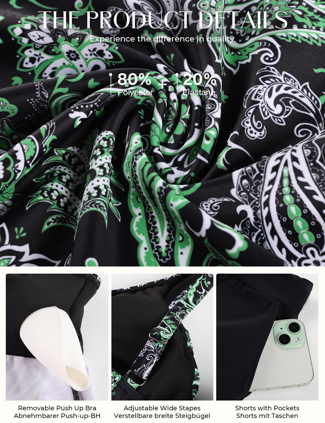 Hanna Nikole Damskie zestawy tankini plus size, 2-częściowe stroje kąpielowe z kontrolą brzucha, stroje kąpielowe z nadrukiem w linii A, szorty z kieszenią
