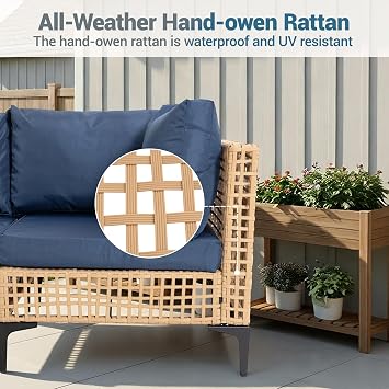 7-Piece Outdoor Wicker Patio Sectional Furniture Set, Blue