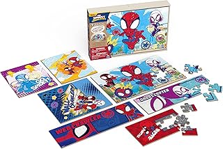 Marvel Spidey and his Amazing Friends 7 Wood Jigsaw Puzzles with Sliding Wood Storage Box- Spidey and his Amazing Friends Toys for Kids Ages 4+