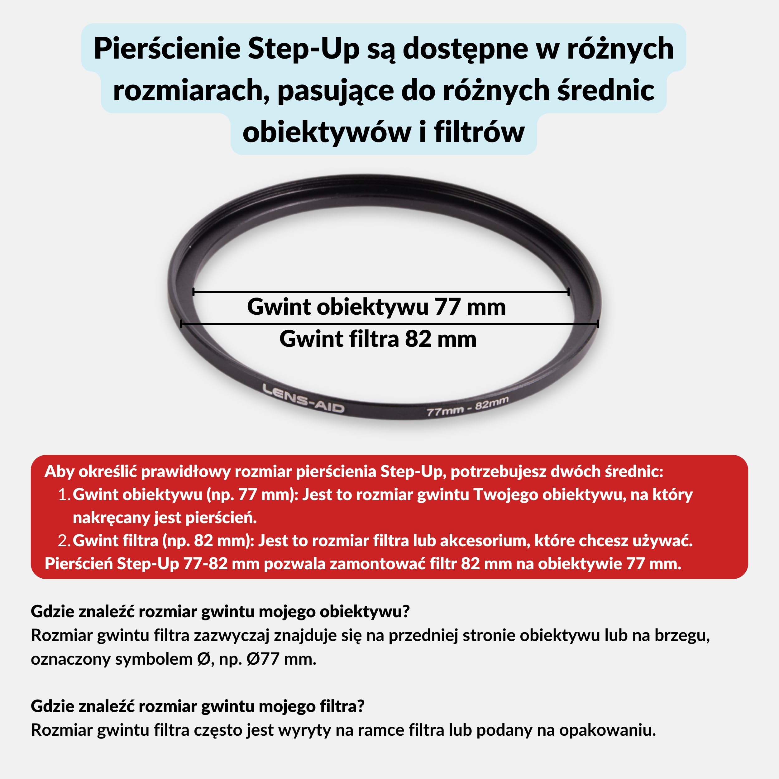 Lens-Aid Step Up Ring 62-77 mm do obiektywu aparatu: adapter filtra z metalu do ND, UV, filtra polaryzacyjnego itp. - Pierścień adaptera kompatybilny z Sony Canon Nikon Fujifilm Olympus Pentax Leica