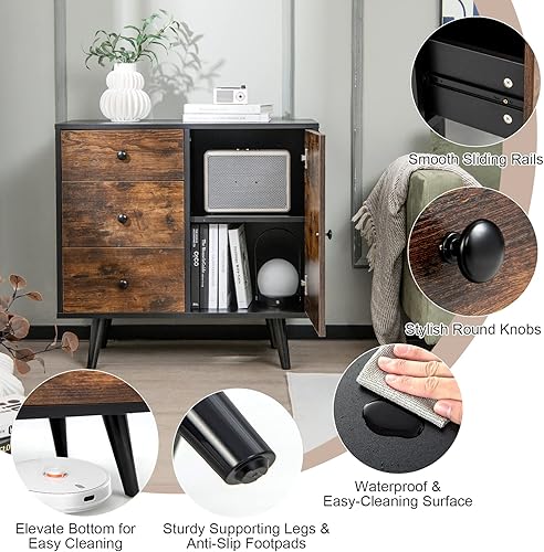 Miniatura 9 de Tangkula Armario de almacenamiento con 3 cajones y puerta, gabinete de madera industrial con estante ajustable, aparador retro de granja para