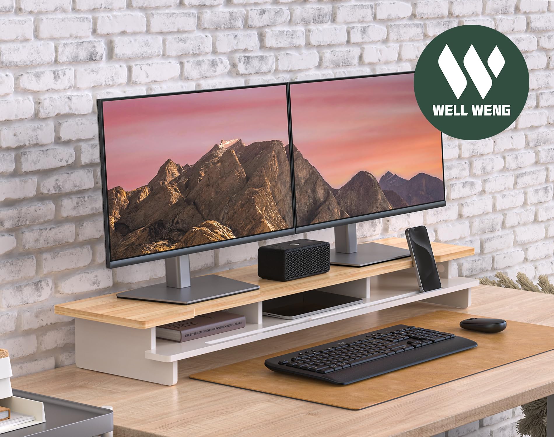 WELL WENG Monitorständer Doppelmonitorständer für Schreibtisch, Holzregal für Schreibtisch mit Aufbewahrungsorganizer und Halterung für Smartphone und Tablet (108 cm, weiß und naturfarbenes Bambus)