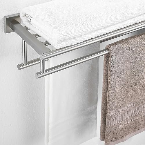 Miniatura 3 de RTCUL Toallero con estante de 32 pulgadas doble toallero para baño, soporte de toallas de baño de níquel cepillado SUS304, toallero de acero
