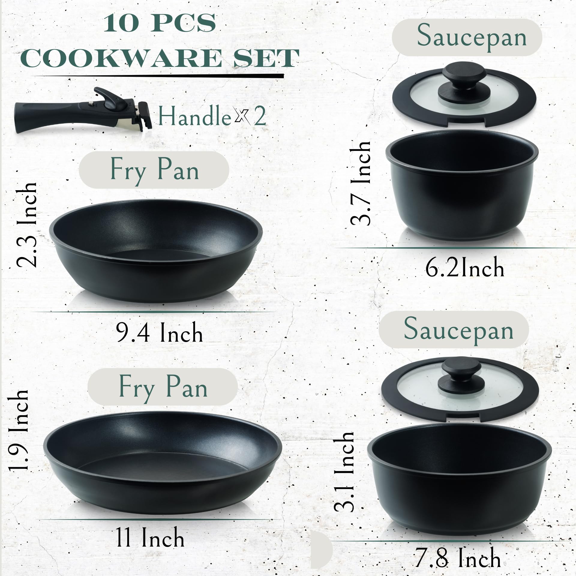 Moss & Stone 10pcs Black Pots and Pans Set Non Stick, Cookware Sets Detachable Handle, RV Kitchen Set Removable Handle, Oven Safe, Induction Ready, Stackable Non-stick Set, Camping Cookware Set
