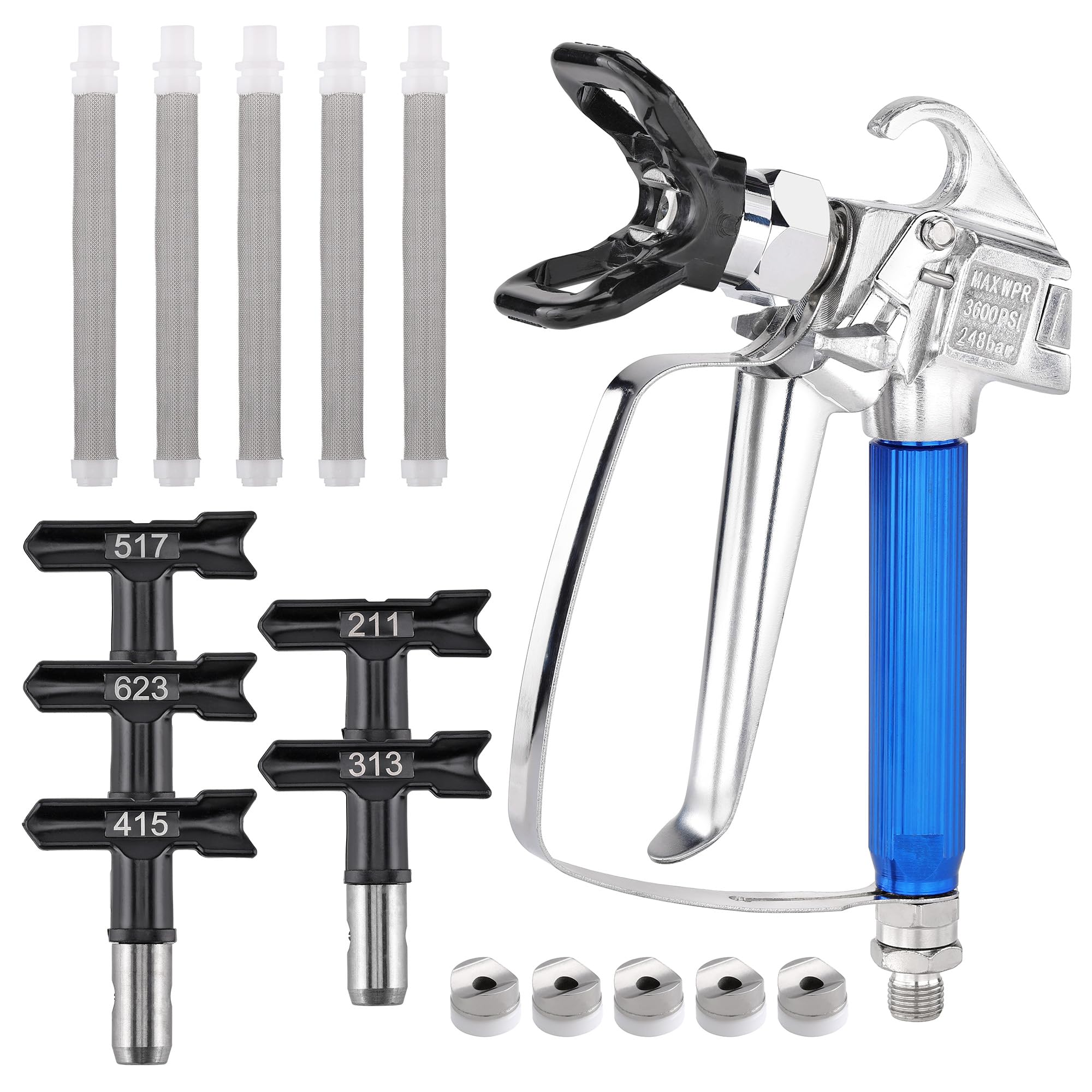 12pcs Airless Pistole 3600 PSI Hochdruck Airless Farbsprühgerät mit 5 Airless Düse mit Spitzendichtung und 5 Airless-Lackpistolenfilter für Airless Farbsprühsysteme (211,313,415,517,623)