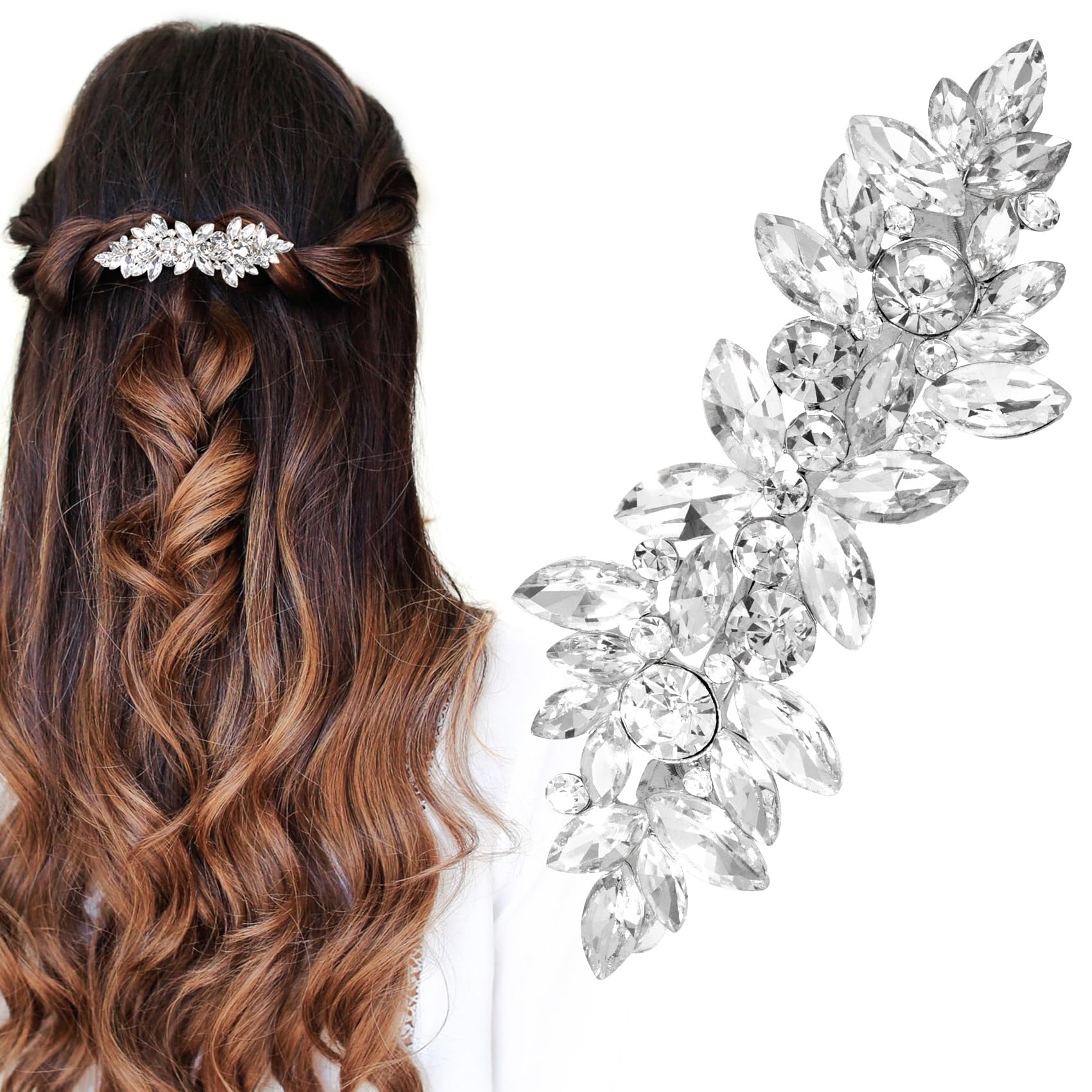 Sparkly Rhinestone Hair Clip Silver Crystal Prom Barrettes Wedding Engagement Pageant Formal Dressy Decorative Accessories for Bride Women Girls Thick Long Hair