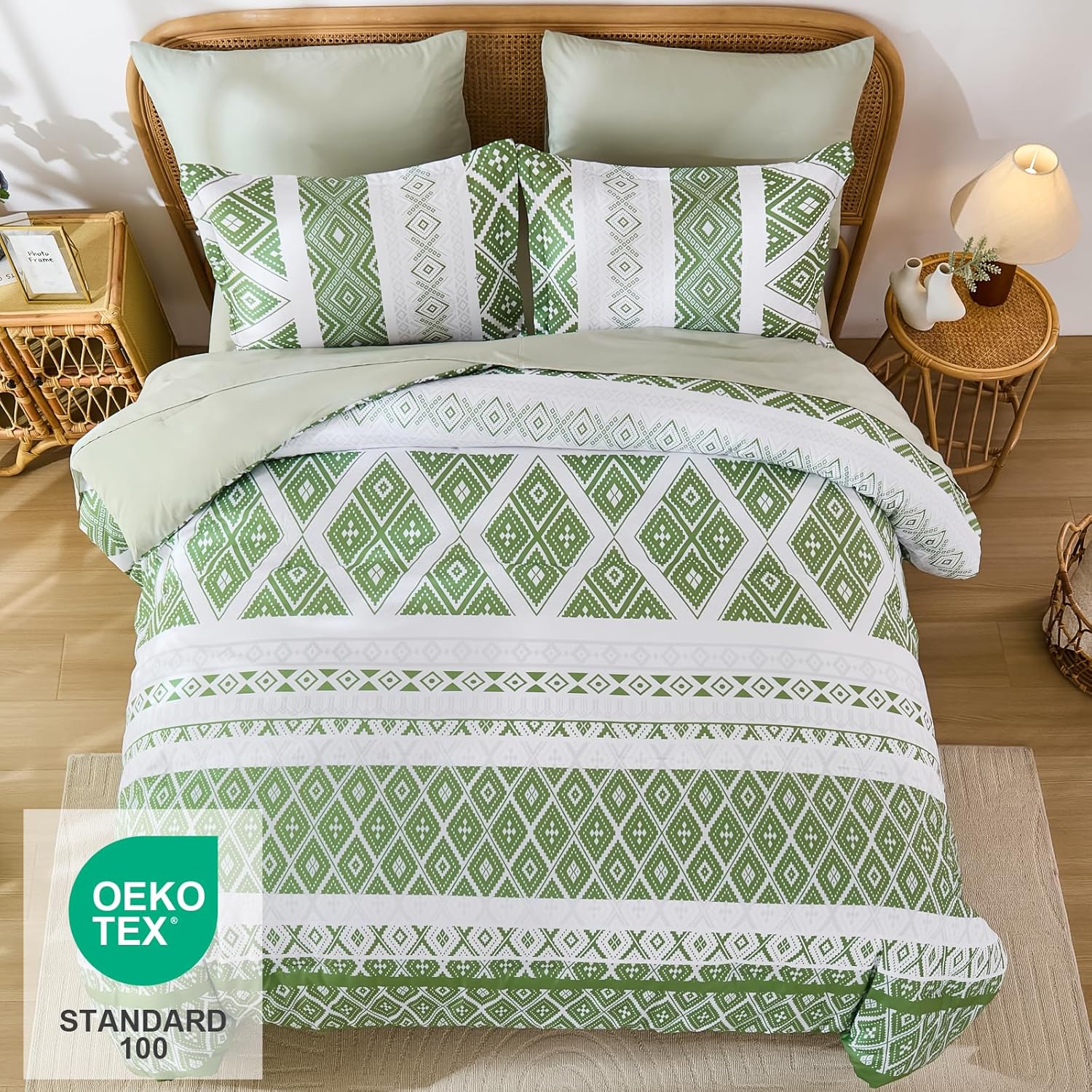 Luxudecor Green Comforter Set Queen Size 7 Pieces,Boho Aztec Comforter with Sheet Set,Geometric Striped Pattern Bed in a Bag,Soft Microfiber Bed Set 90"x90"