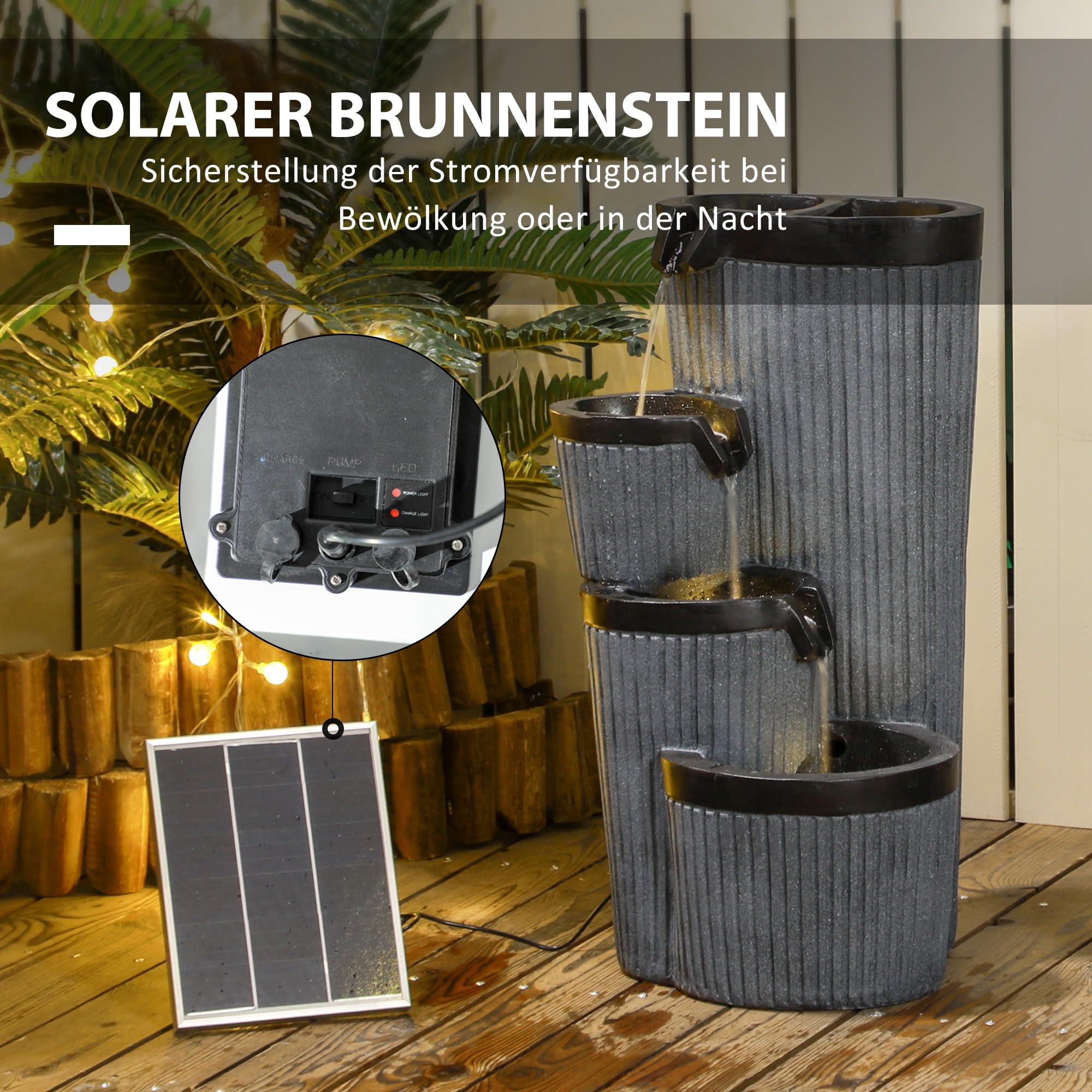 Outsunny Gartenbrunnen, Solar Springbrunnen, Wasserbrunnen mit LED-Beleuchtung, 4 stufiger Zierbrunnen mit Blumenkasten für Garten, Balkon, Kunstharz, 33 x 30 x 57,5 cm