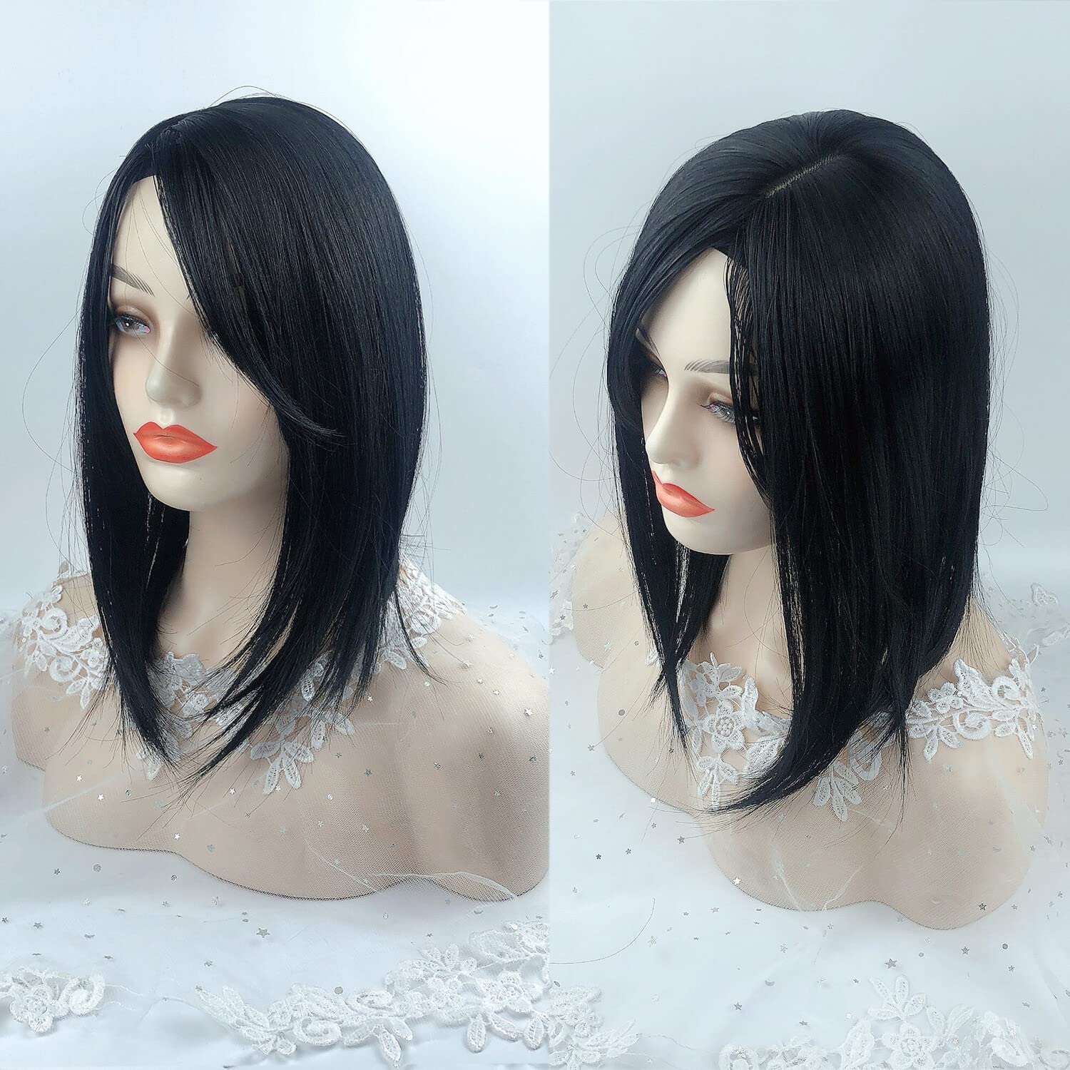 Seamless Straight Head Top Hairpiece Free Part Clip in Topper With Side Part Bangs (Dark Black), Jet Black, 12x12cm - Image 4