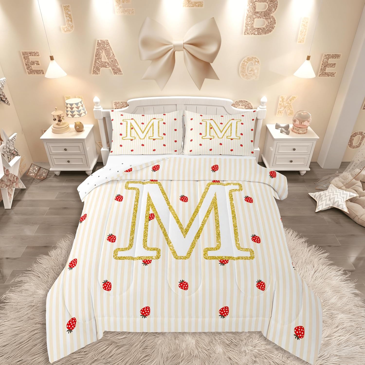 jejeloiu Initial Letter J Comforter Set All Season Purple White Striped Bedding Set with 1 Pillow Cases Monogram Alphabet Microfiber Kids Twin Bedclothes Stripes Bedroom Decor Duvet Quilt Soft