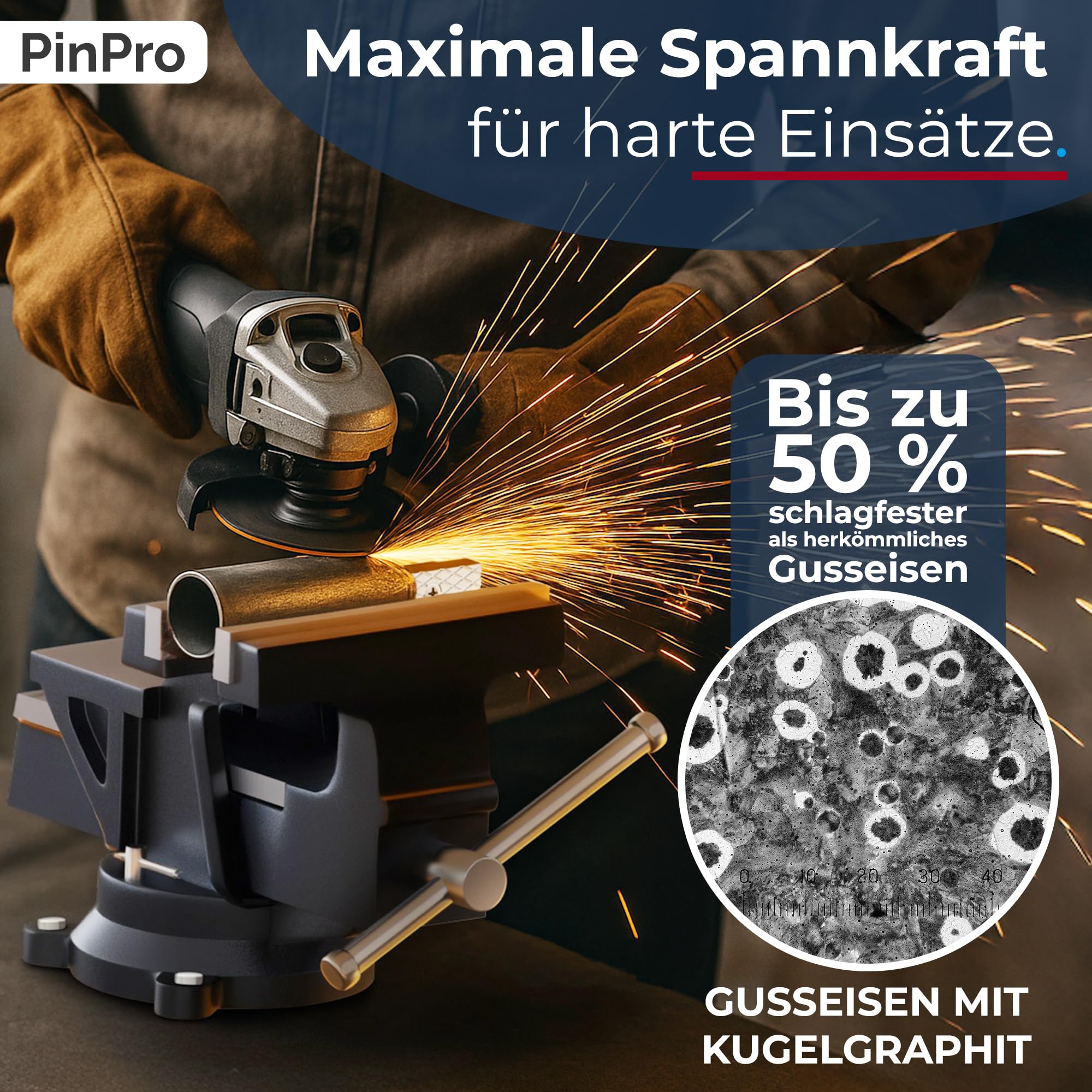 Profi Schraubstock 125mm aus Kugelgraphit-Gusseisen (Unzerbrechlich) | Inkl. 2 Gummi-Schutzbacken & Schrauben | 360° Drehbar mit Amboss | Robuster Werkstatt Parallelschraubstock
