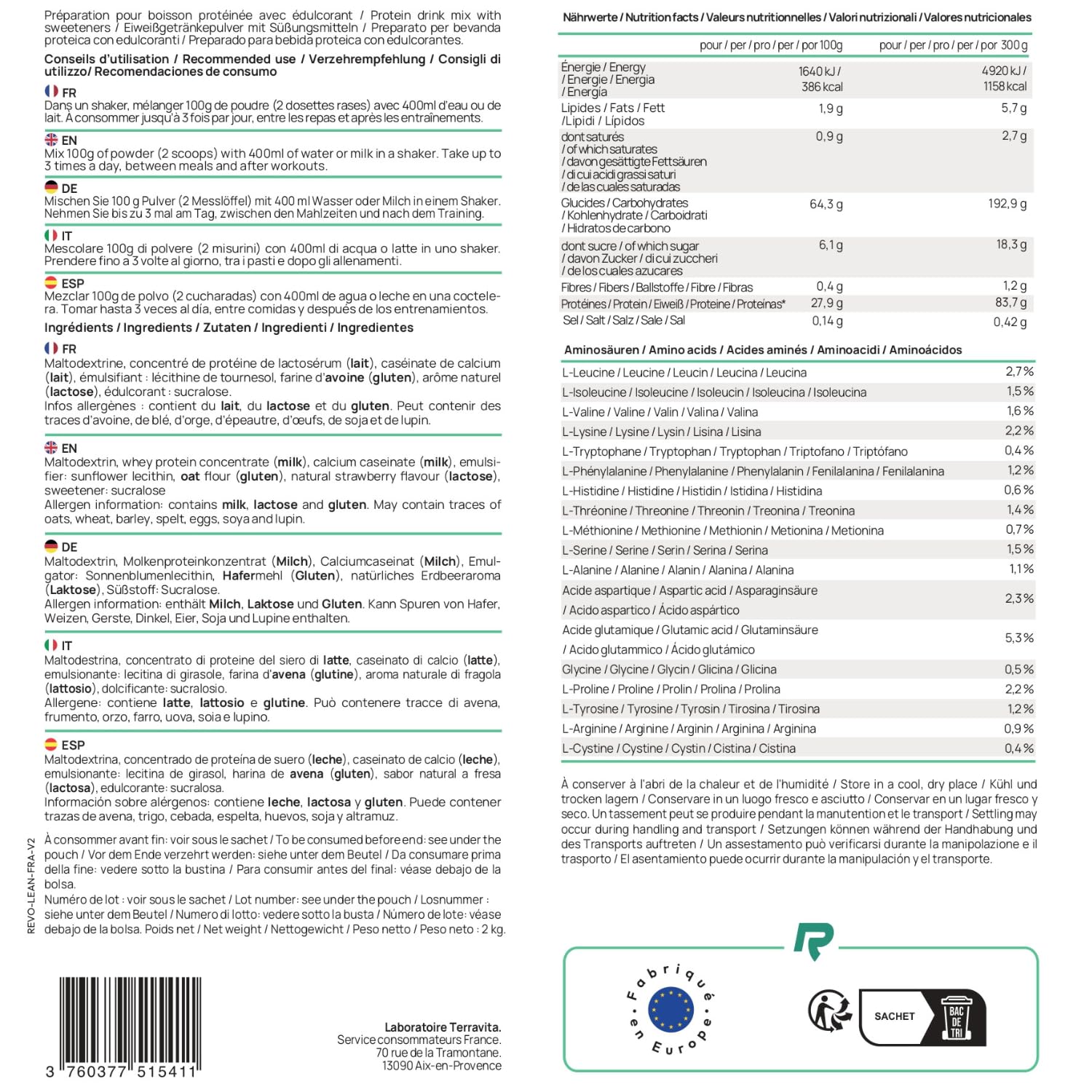 LEAN GAINER | Protéines avec Whey + Caséine | Glucides avec Farine d’avoine + Maltodextrine | Gainer Prise de Masse Musculation sèche | Riche en BCAA | Doypack de 2 kg Saveur Fraise | REVOGENIX