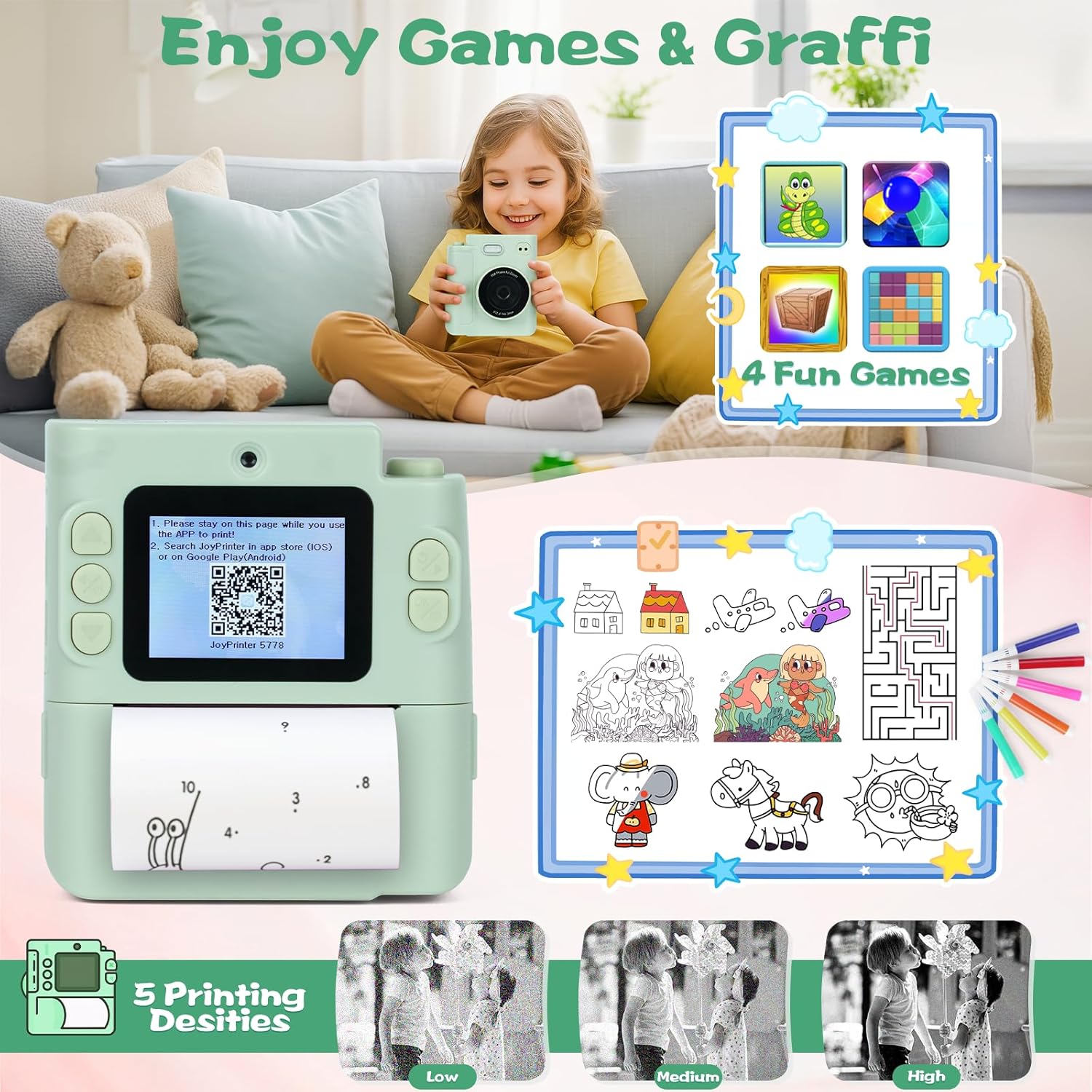 Kids Camera Instant Print, 1080P HD Dual-Lens Selfie Digital Camera with 5 Printing Paper Rolls & 32G TF Card, for Children, Portable Toddler Toy for Age 3-12 Boys & Girls (Mint Green)