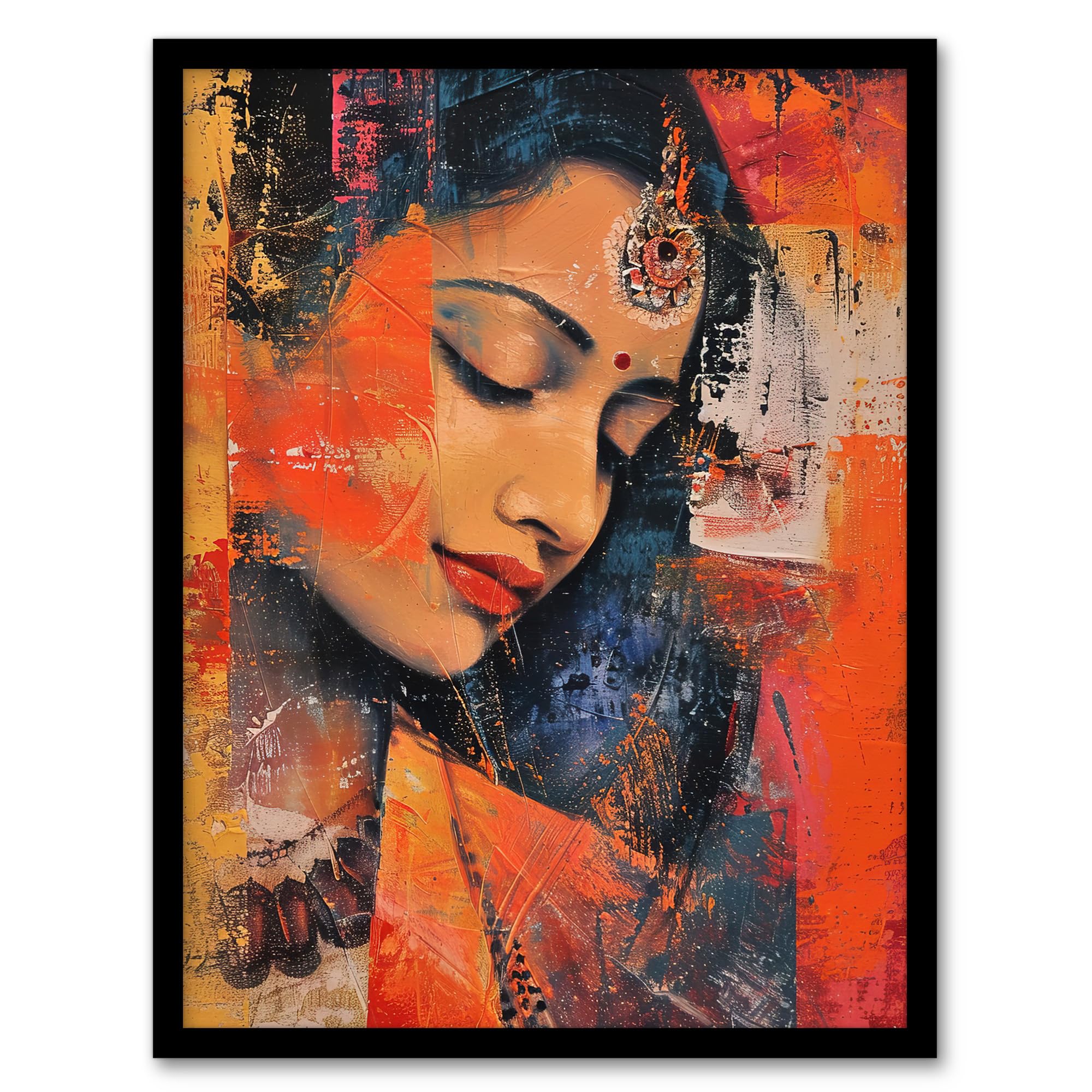 Artery8 Young Indian Woman Portrait Modern Artwork Beauty Living Room Artwork Framed Wall Art Print A4
