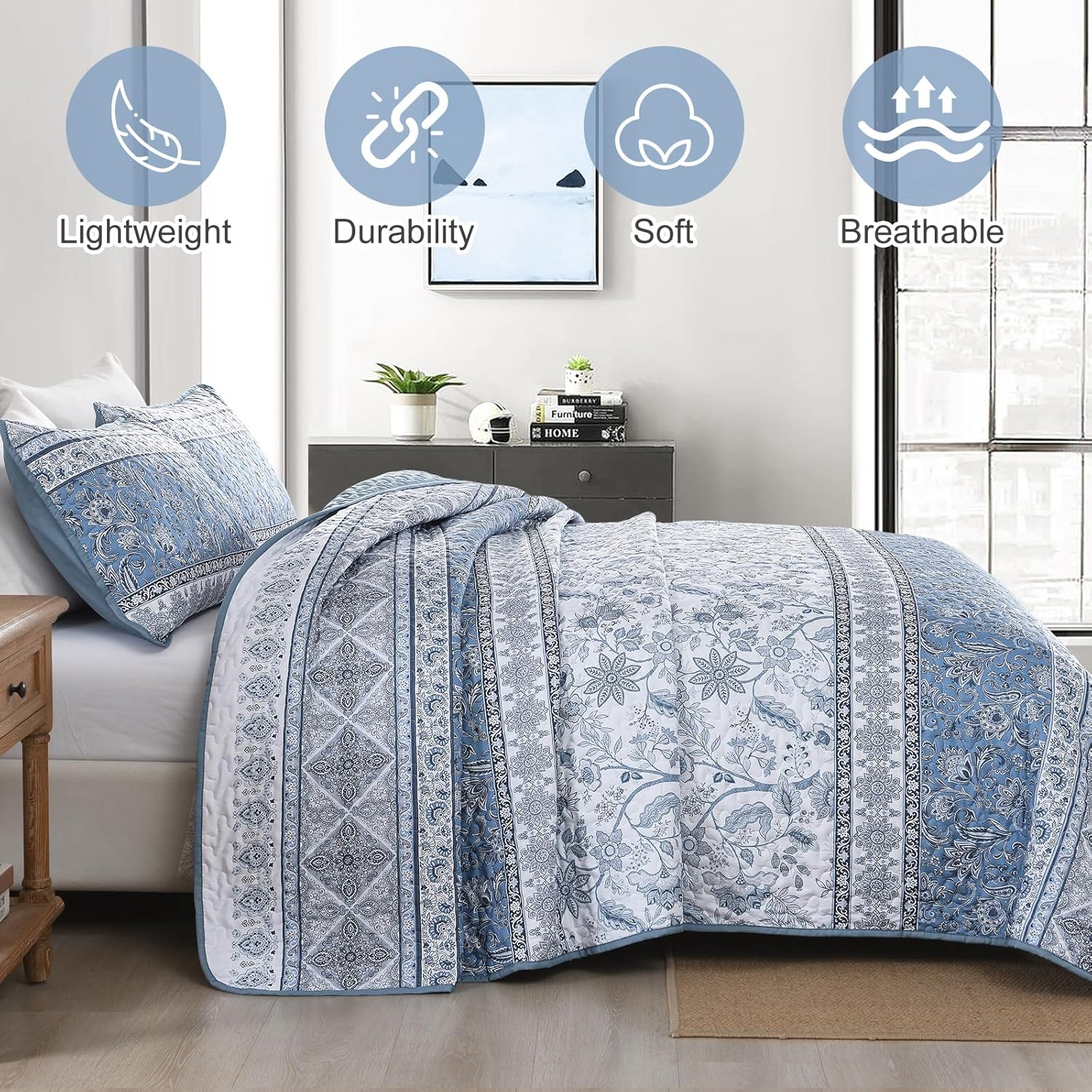 Yiran Blue Boho Quilt Set Queen Size Striped Bedspread Floral Bedding Set 3 Pieces Soft Microfiber Paisley Quilt with 2 Pillow Shams 96" x90'' - Image 4