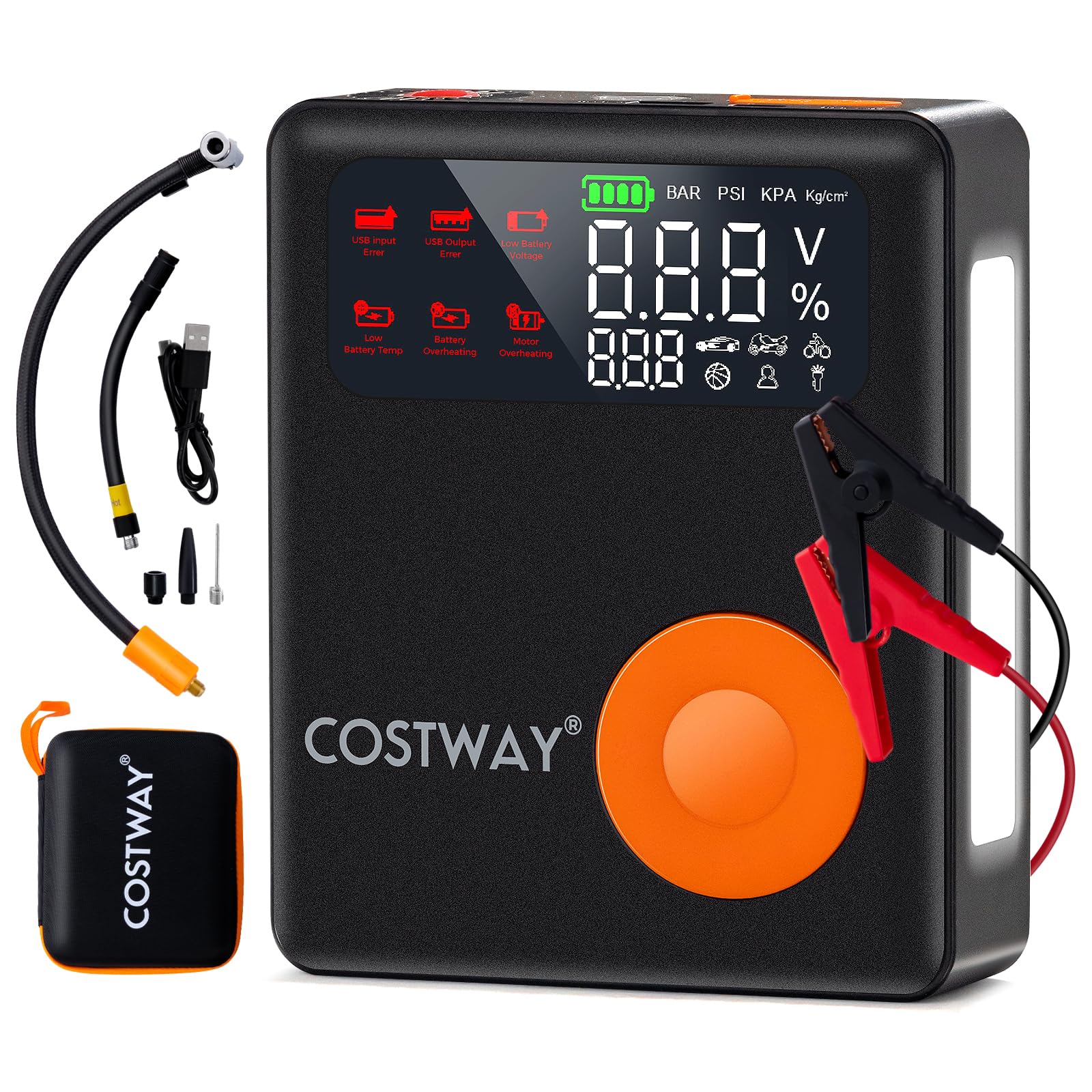 COSTWAY Arrancador de Batería de Coche, 2000A 12V 13000mAh con Compresor de Aire, Inflador de Neumáticos Digital de 150PSI, Pantalla LED, y Luz de Emergencia, para 8L de Gasolina y 5L de Diésel