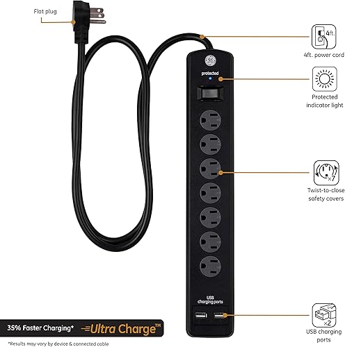 Miniatura 3 de GE UltraPro 37442 Protector de sobretensiones de 7 tomas, 2 puertos USB, cable de alimentación de 4 pies, 1500 julios, 40482 y protector de