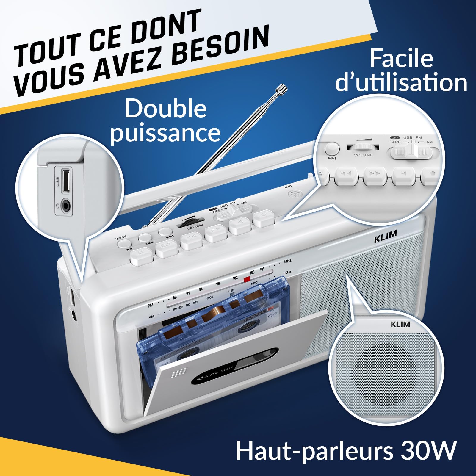 KLIM Lecteur Cassette Audio Boombox, Radio AM/FM, Bluetooth, Enregistreur Cassette, USB, Haut-Parleur, Prise Casque, Secteur ou Piles, Design Portable Rétro - Blanc Givré