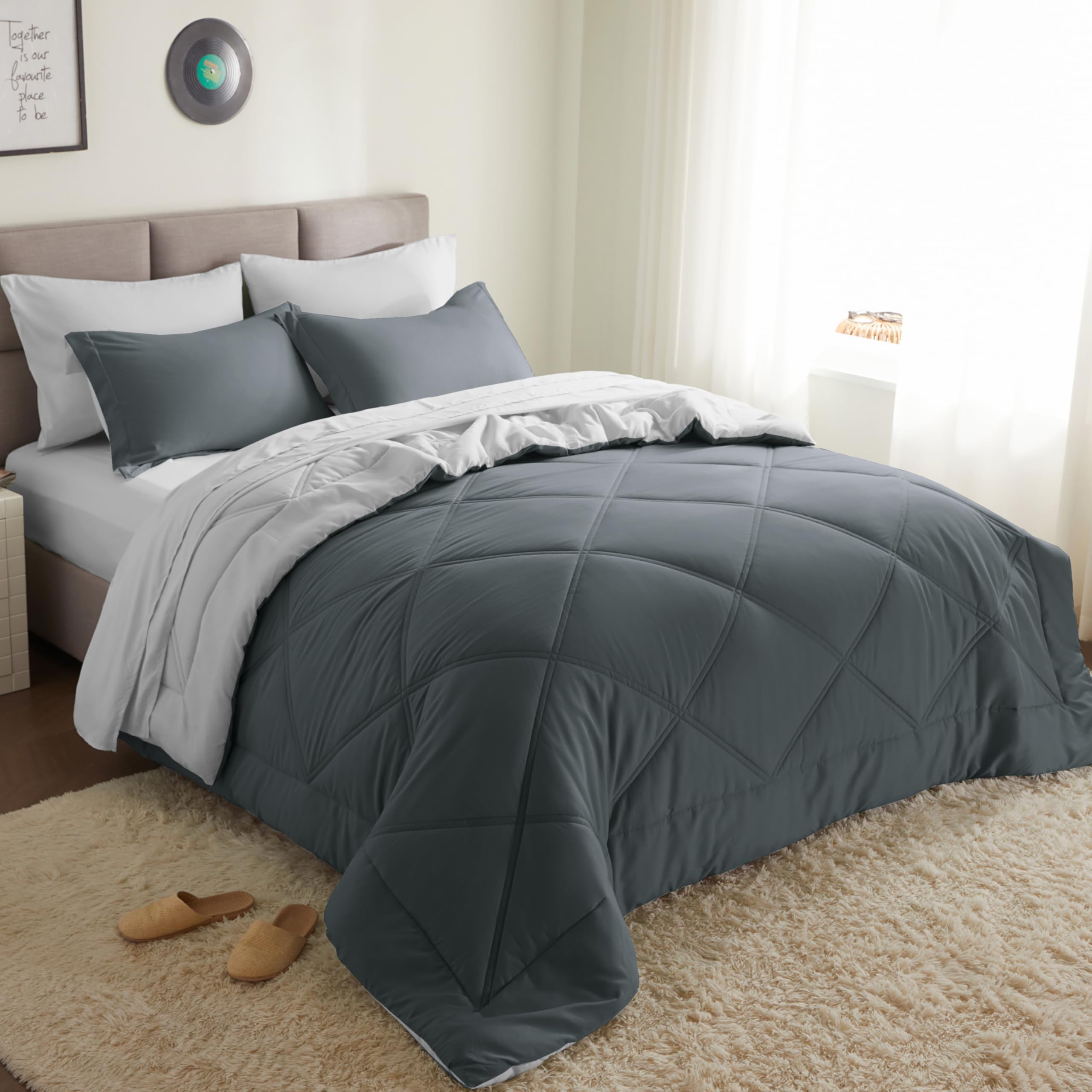 Joiedomi Queen Comforter Set with Sheets Dark Grey 7 Pieces Queen Bed Set with 1 Down Alternative Comforter