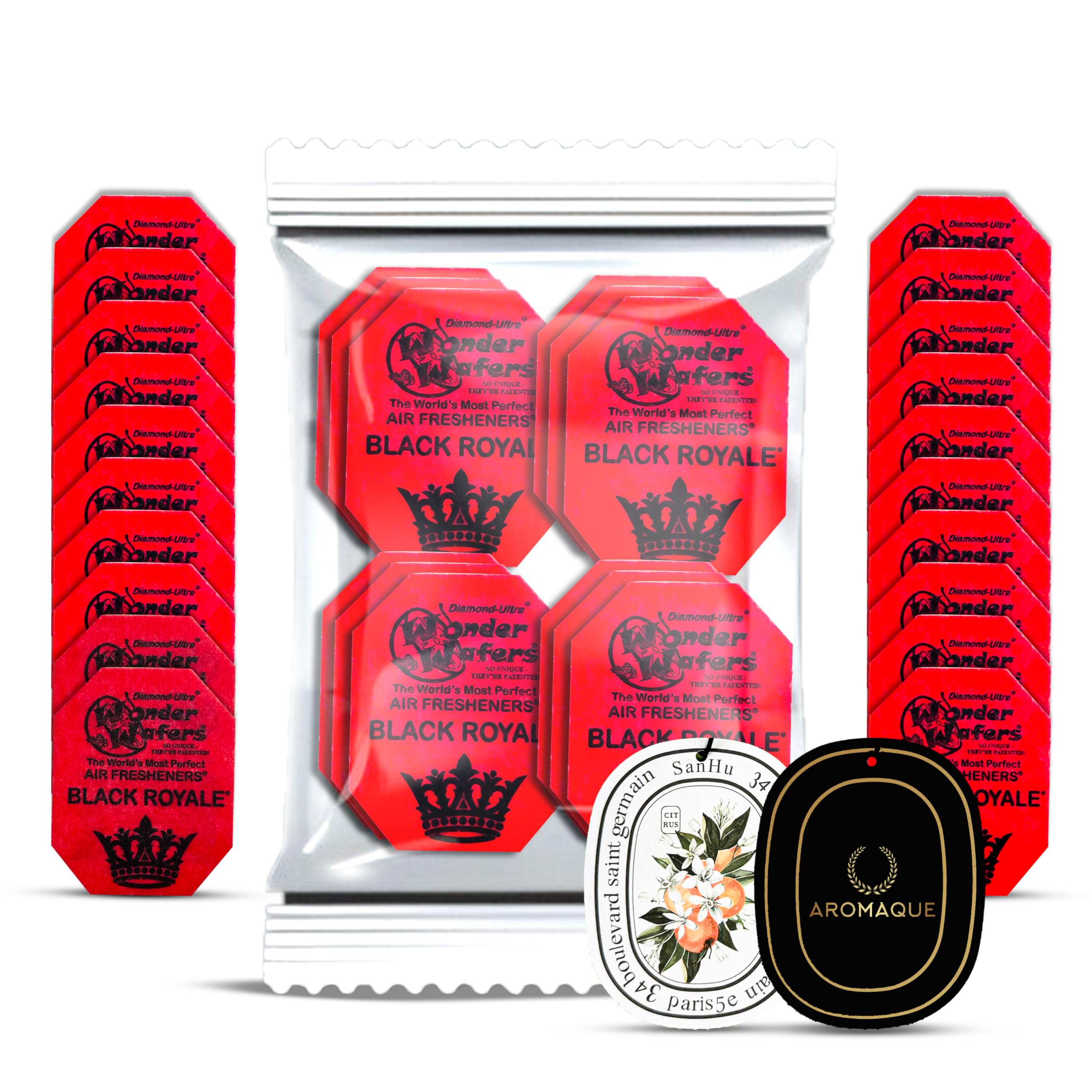 AROMAQUEBundle of Wonder Wafers Black Royale Scent Wafers 24 Count Individually Wrapped with Two AROMAQUE's Scented Car Freshener Cards