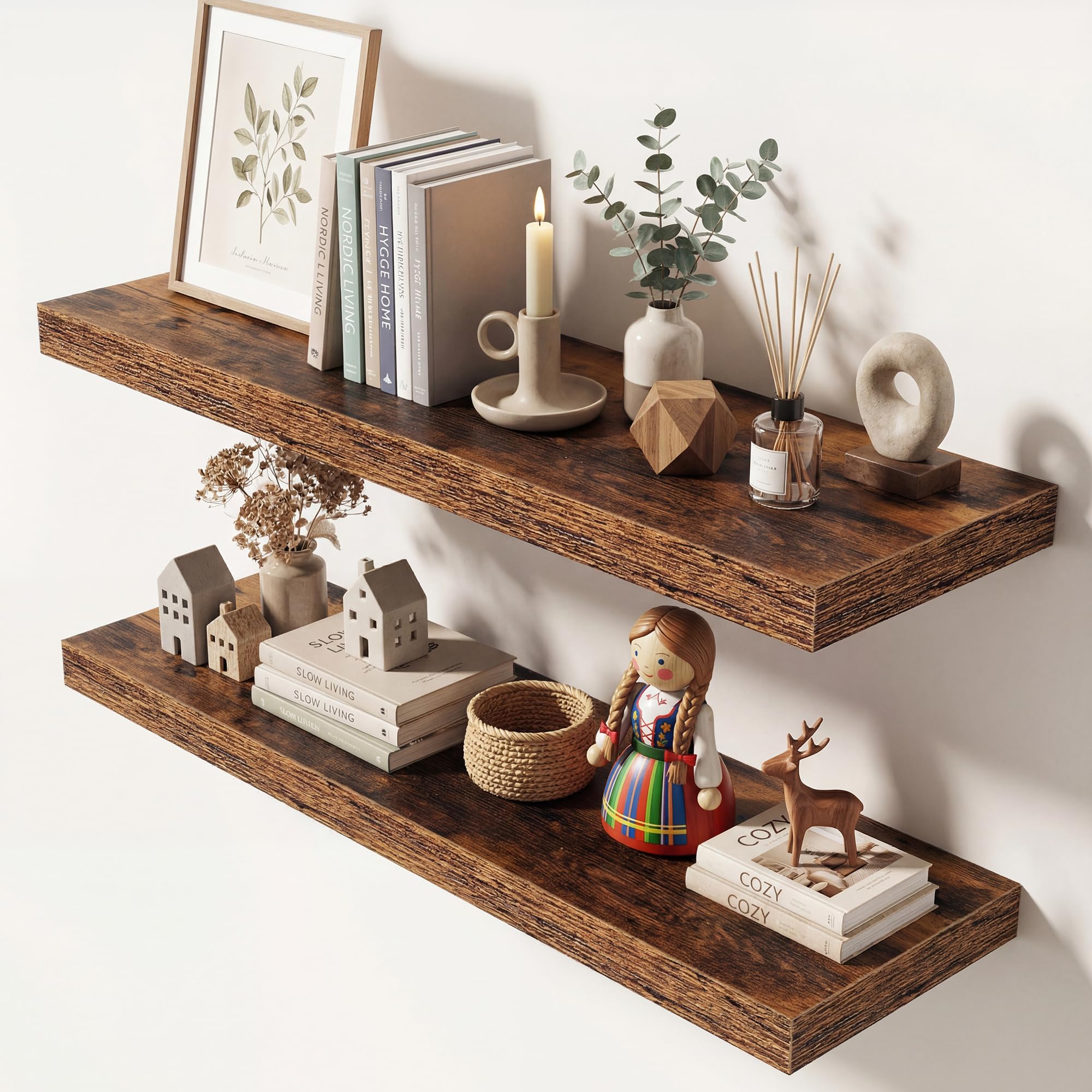 Dreamland 32 Inches Floating Shelves for Wall, 9.3" Deep Long Floating Shelves Set of 2, Large Display &amp; Storage Shelf, Wall Shelf for Bathroom Bedroom Living Room Kitchen Office, Rustic Brown