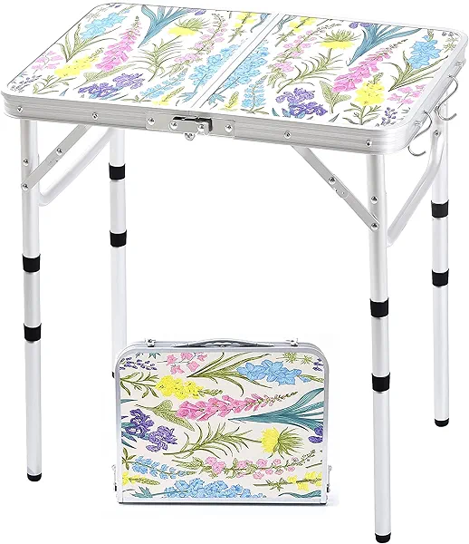 Yriuat Folding Camping Table 2ft Portable Pinic Table Adjustable Height Small Card Table Aluminum Foldable Lightweight with Carry Handle for Outdoor Indoor Hiking Camp BBQ Beach (Blooming Floral)