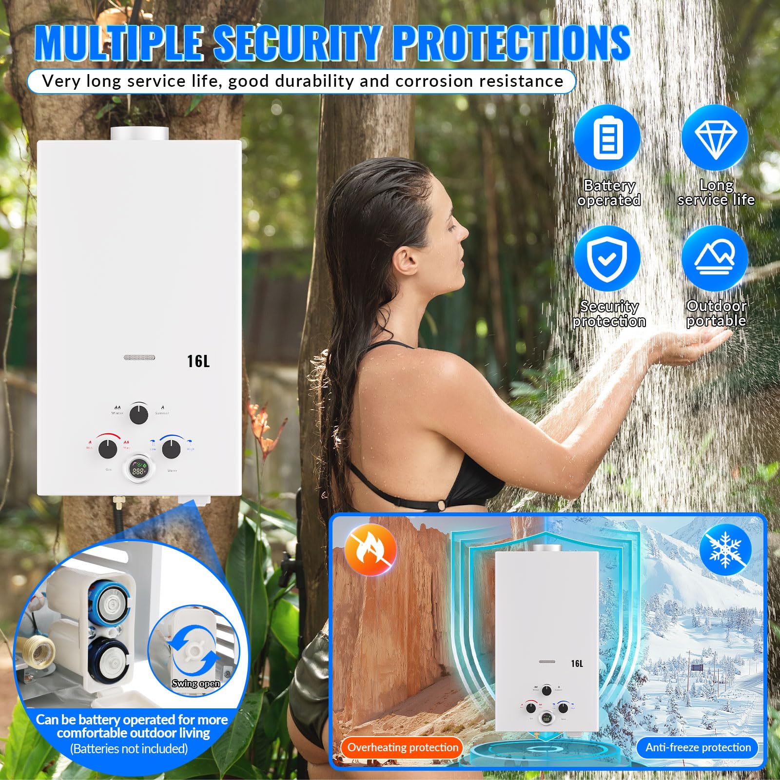 Calentador de Agua a Gas, 16L Calentador de Agua LPG Instantáneo, Calentador de Agua Sin Tanque Con Pantalla LED, Para Duchas al Aire Libre [Clase de eficiencia energética A]