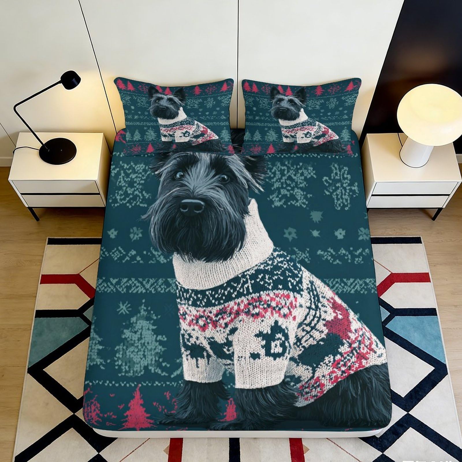3D Printed Christmas Dog Pattern Fitted Sheet Microfiber Non-Slip Deep Pocket Festive Dog Mattress Fitted Cover Washable Bedding for Adults 200x200x25cm 90x200x25cm