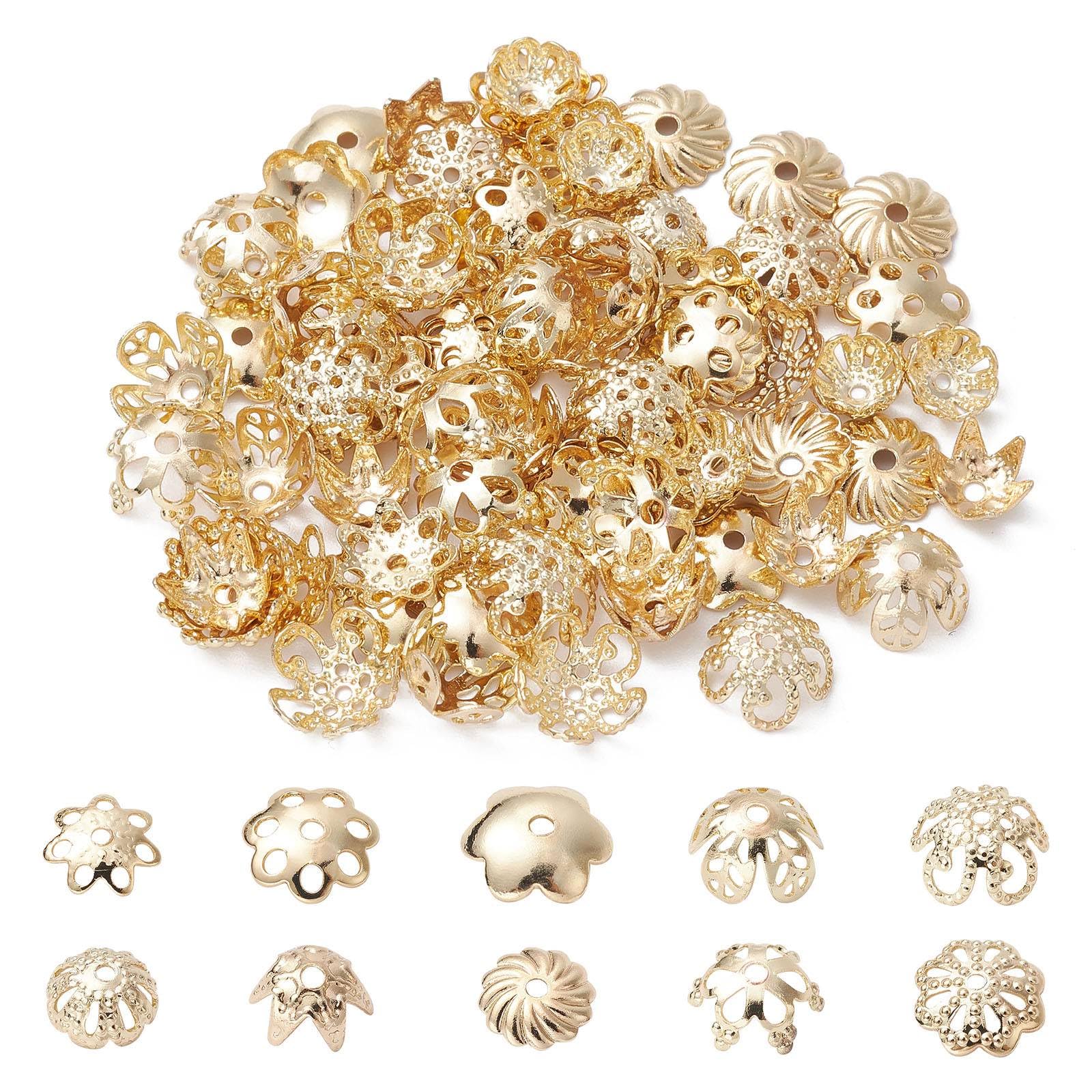 UR URLIFEHALL 100 Pcs 10 Styles Flower Bead Caps Gold Hollow Floral Bead End Caps Spacers for Jewellery Making DIY Crafts Decoration