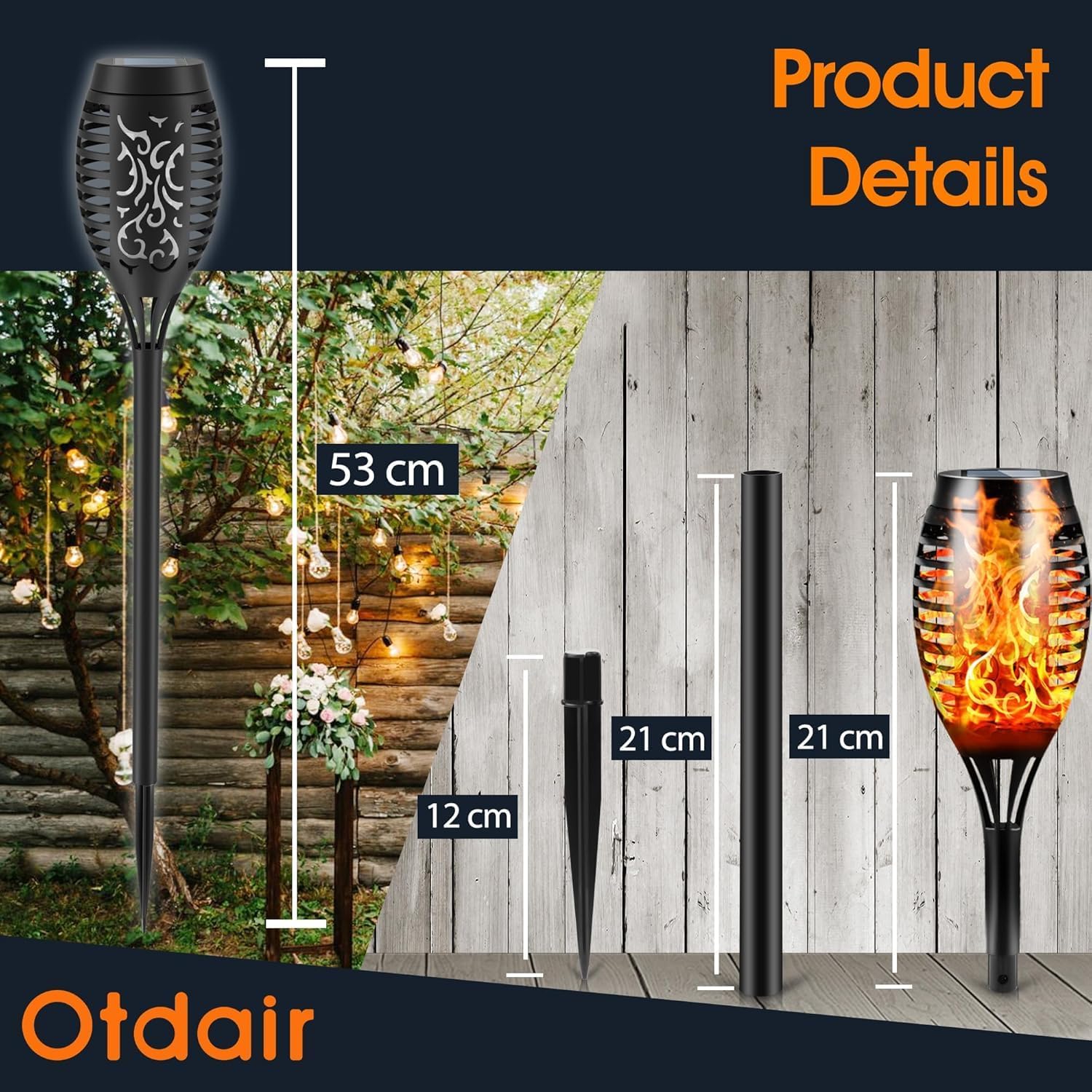 Otdair Solar Lights Outdoor Waterproof, 12LED Torches for Outside with Flickering Flame, Solar Torch Lights Outdoor Flickering Flame for Garden, Patio, Yard, Pathway, 6 Pack