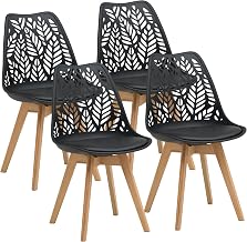 GrandCA HOME Set of 4 Nordic Style Dining Chairs, Upholstered Kitchen Chair, Beech Wood Legs, Openwork Backrest, for Kitchen, Living Room and Dining Room - Black