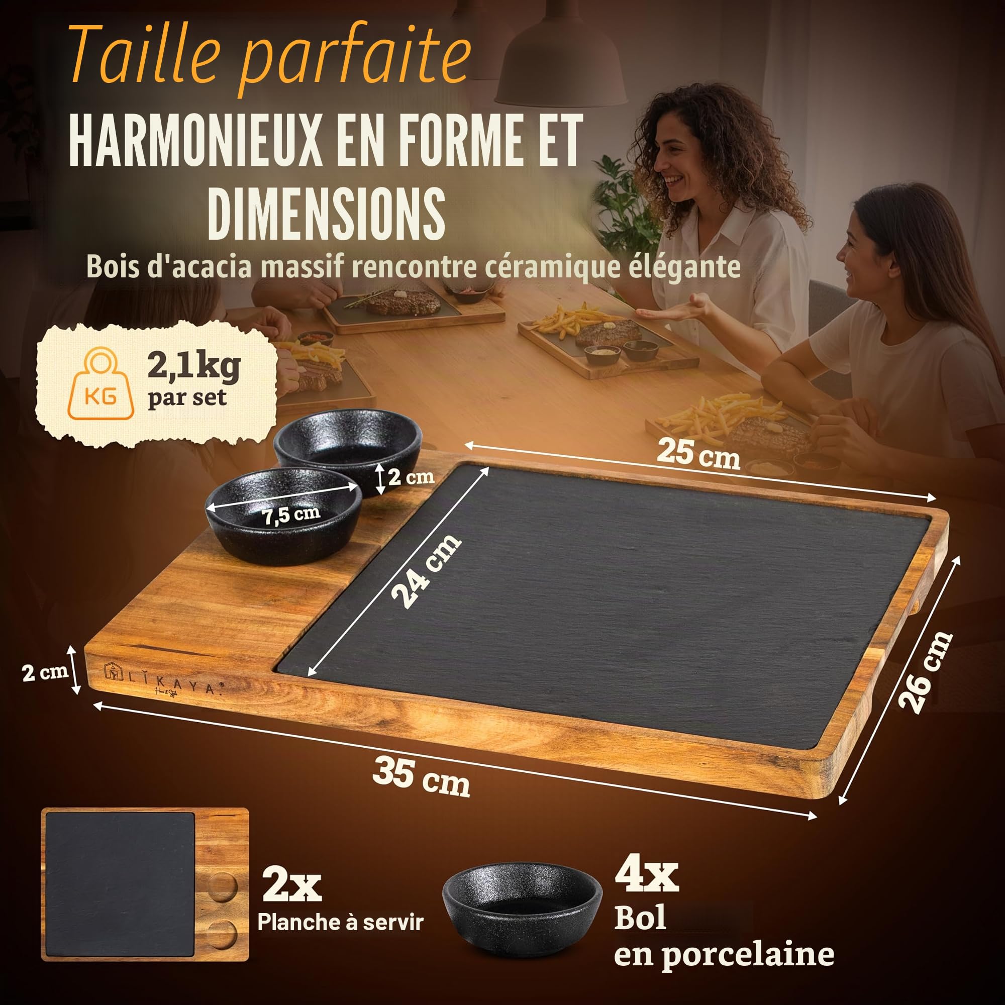 LIKAYA® Lot de 2 planches de service XXL « Domingo » en bois d'acacia FSC® avec plateau en ardoise et bols à sauce, planche à barbecue et accessoires pour steak, hamburgers