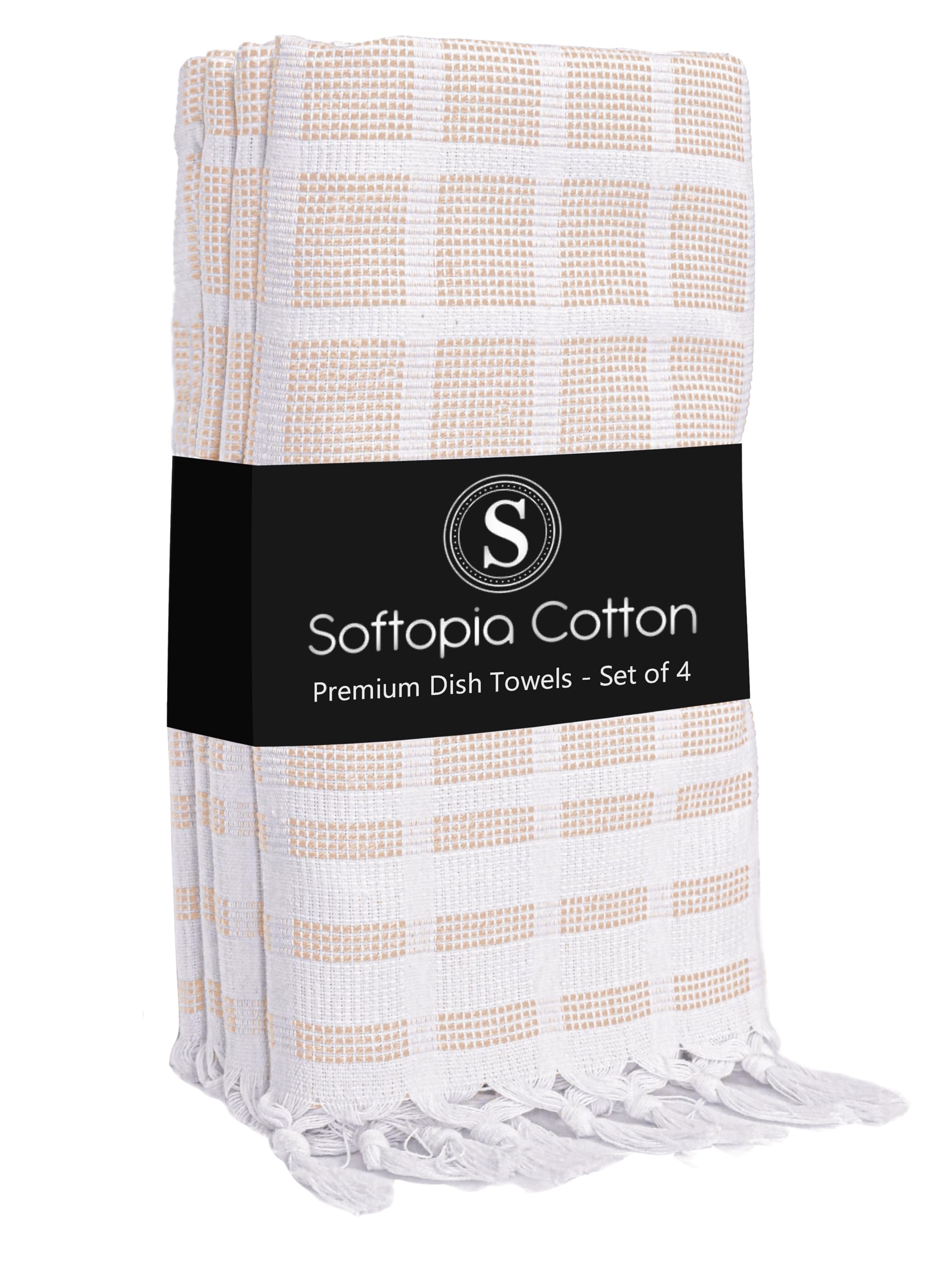 Matrix Dobby Kitchen Towels 4 Pack 100% Cotton, 16"x26", Handmade Knotted Tassel Dish Towels, Reusable &amp; Washable Cloths for Drying, Absorbent Tea Towel for Cleaning - Beige, White