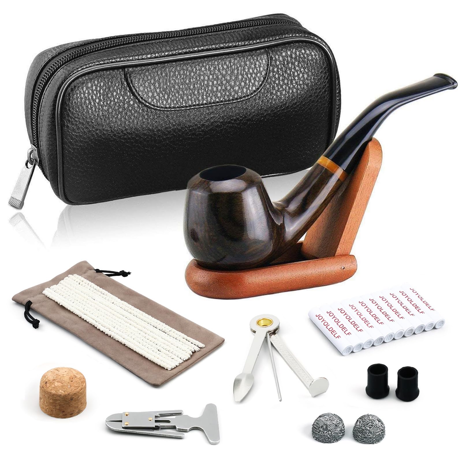 Joyoldelf Handmade Tobacco Pipe Set, Ebony Wood Smoking Pipe with Leather Pipe Pouch, 3 in 1 Scraper, 9mm Filter, Pipe Stand and Other Smoking Accessories